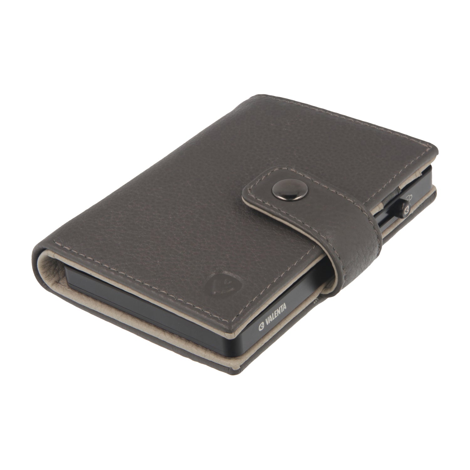 Valenta Mix & MagSafe 2 in 1 bundle with black super thin aluminium card holder and grey leather wallet luxe, angled top view.