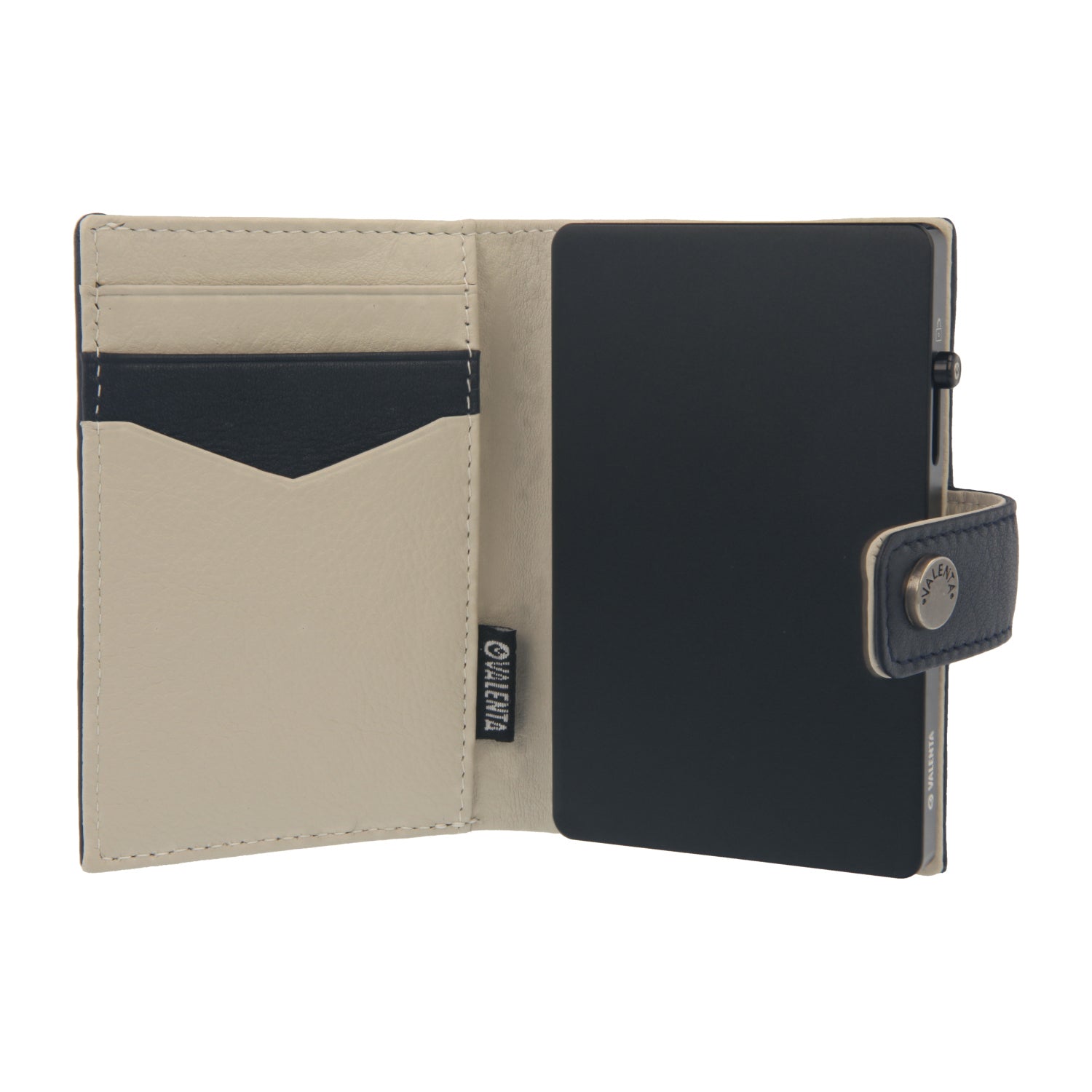 Valenta Mix & MagSafe 2 in 1 bundle with black super thin aluminium card holder and navy blue leather wallet luxe, front view with opened wallet.