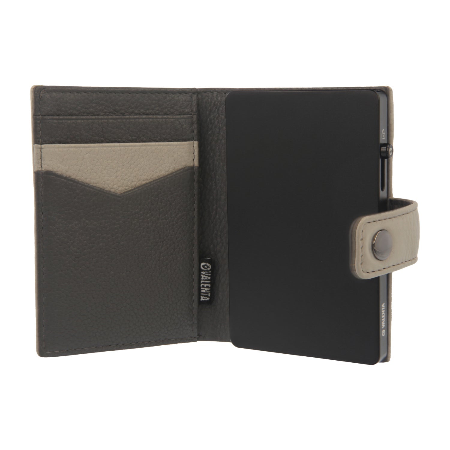 Valenta Mix & MagSafe 2 in 1 bundle with black super thin aluminium card holder and off-white leather wallet luxe, front view with opened wallet.