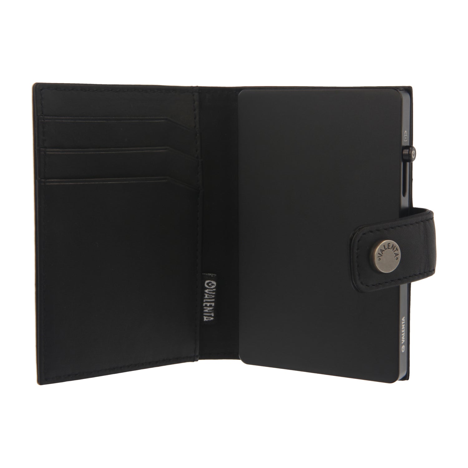 Valenta Mix & MagSafe 2 in 1 bundle with black super thin aluminium card holder and black leather wallet , front view with opened wallet.