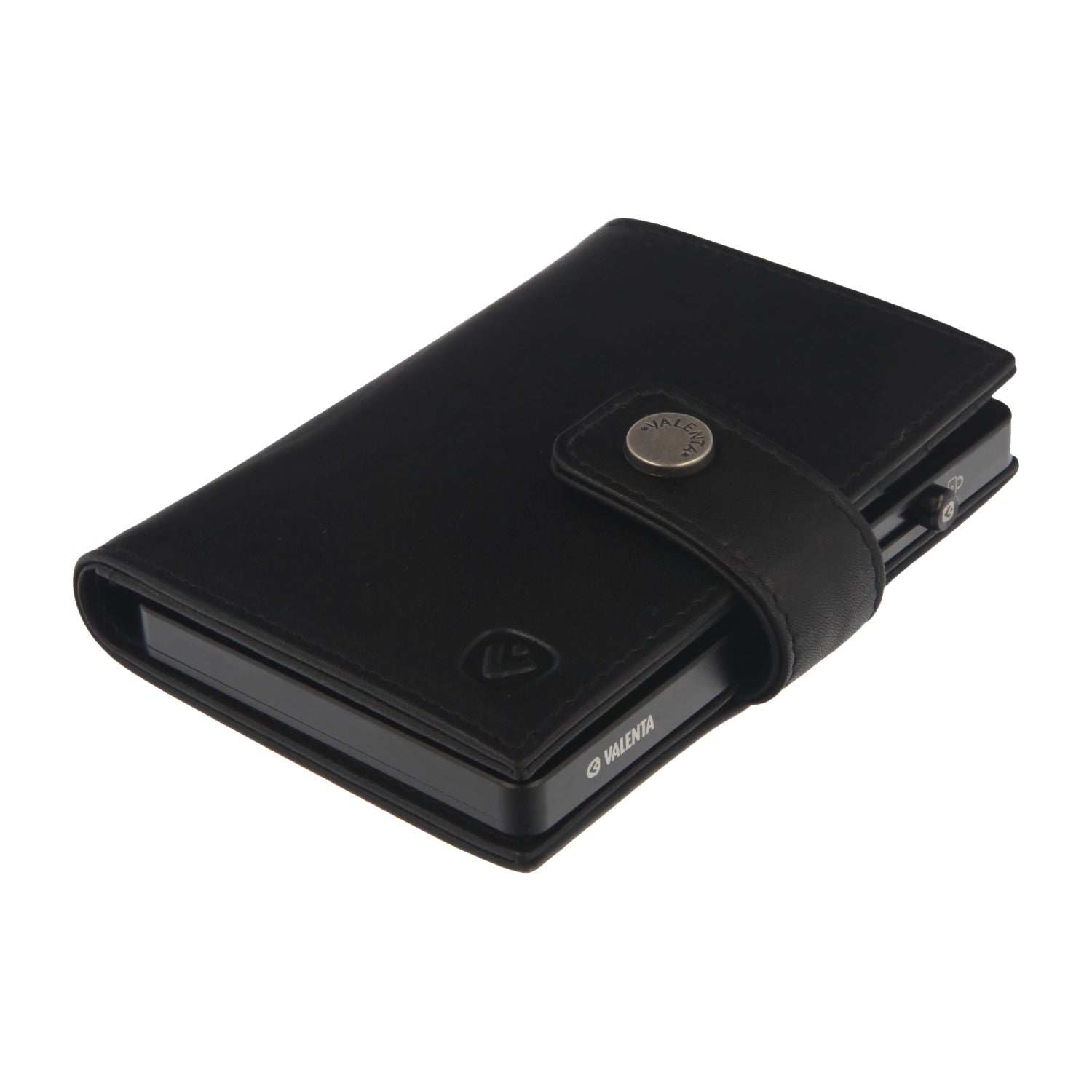 Valenta Mix & MagSafe 2 in 1 bundle with black super thin aluminium card holder and black leather wallet , angled top view.