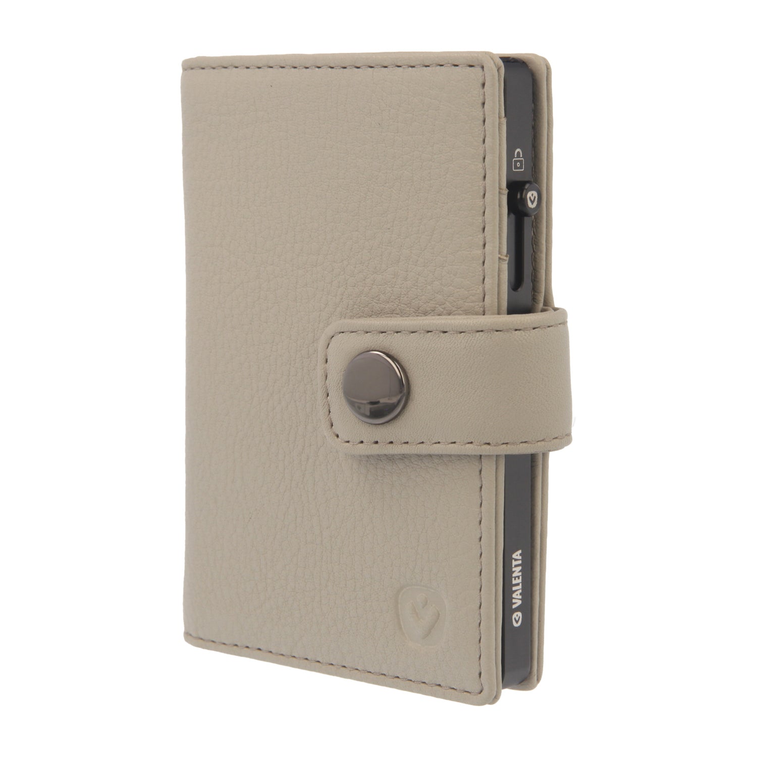 Valenta Mix & MagSafe 2 in 1 bundle with black super thin aluminium card holder and off-white leather wallet , front angled view.