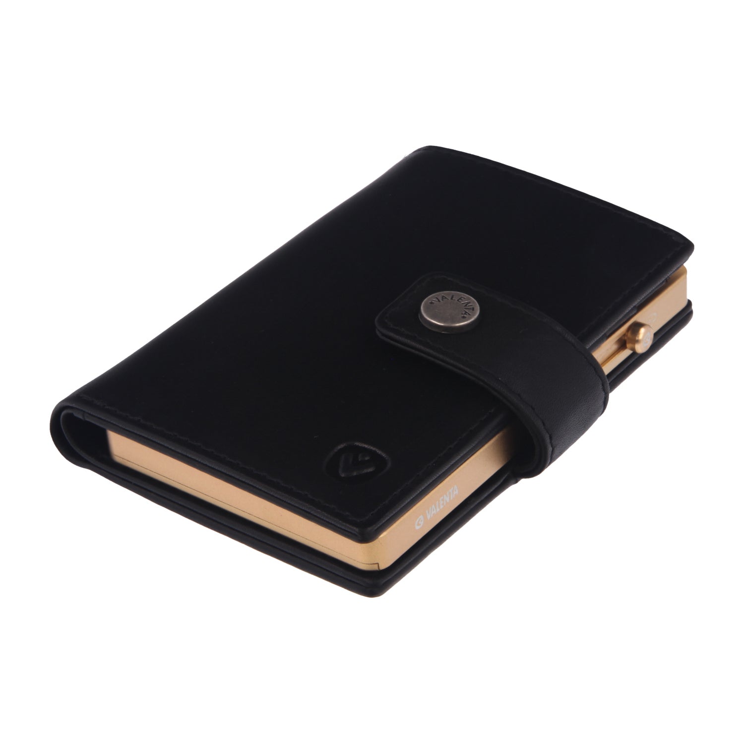 Valenta Mix & MagSafe 2 in 1 bundle with soft gold super thin aluminium card holder and black leather wallet luxe, angled top view.