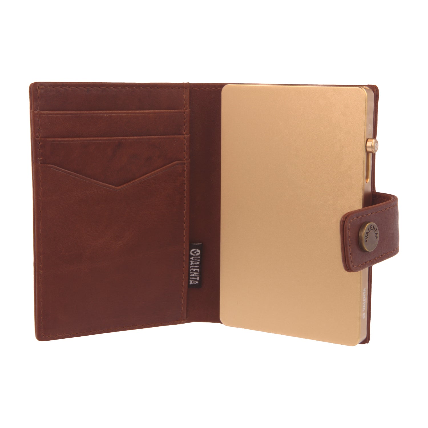 Valenta Mix & MagSafe 2 in 1 bundle with soft gold super thin aluminium card holder and cognac brown leather wallet luxe, front view with opened wallet.
