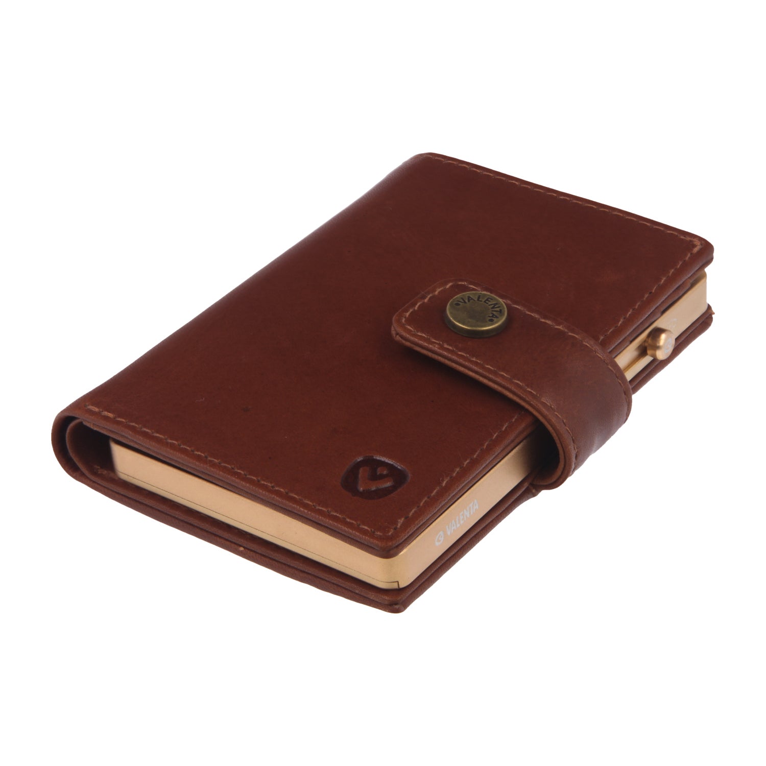 Valenta Mix & MagSafe 2 in 1 bundle with soft gold super thin aluminium card holder and cognac brown leather wallet luxe, angled top view.