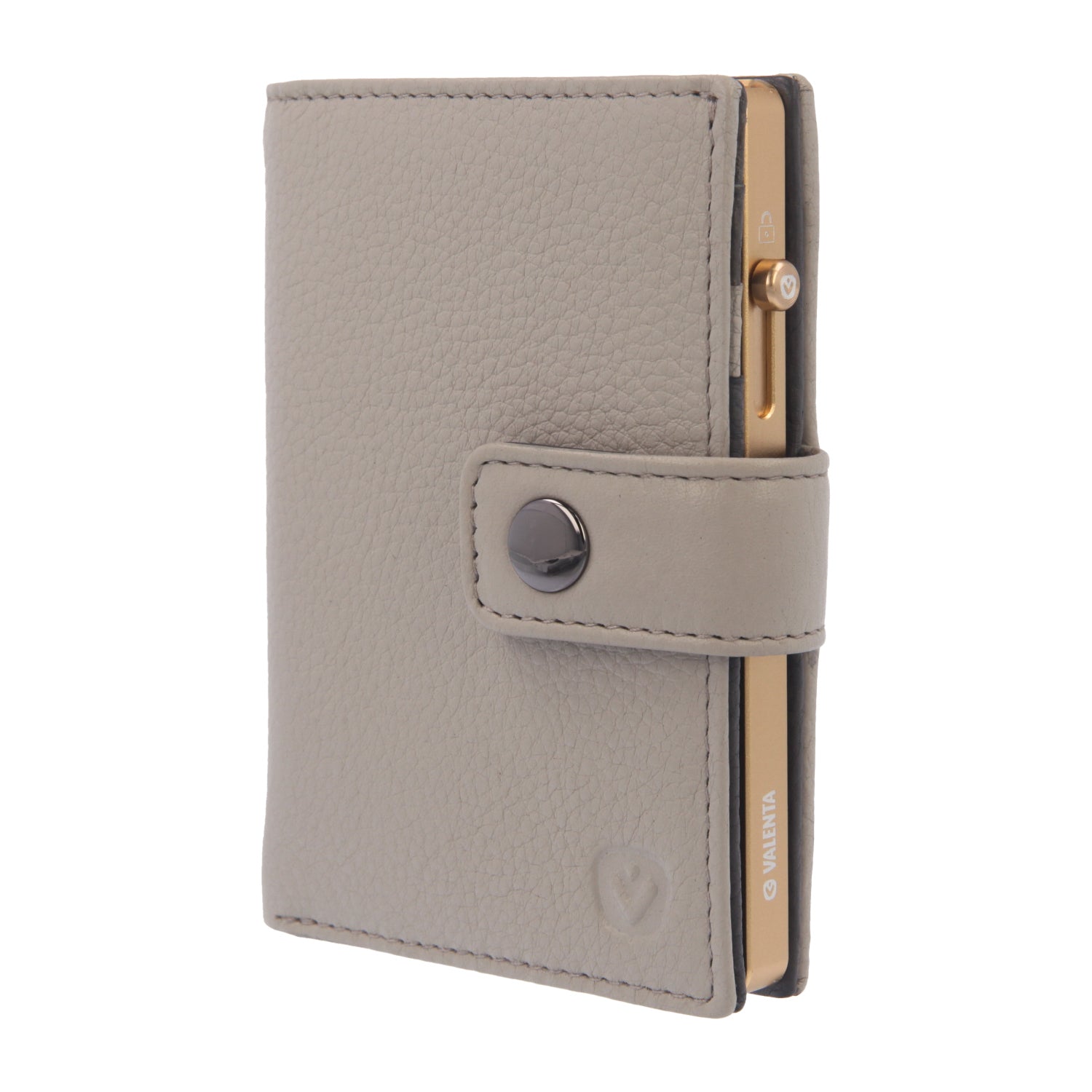 Valenta Mix & MagSafe 2 in 1 bundle with soft gold super thin aluminium card holder and off-white leather wallet luxe, front angled view.