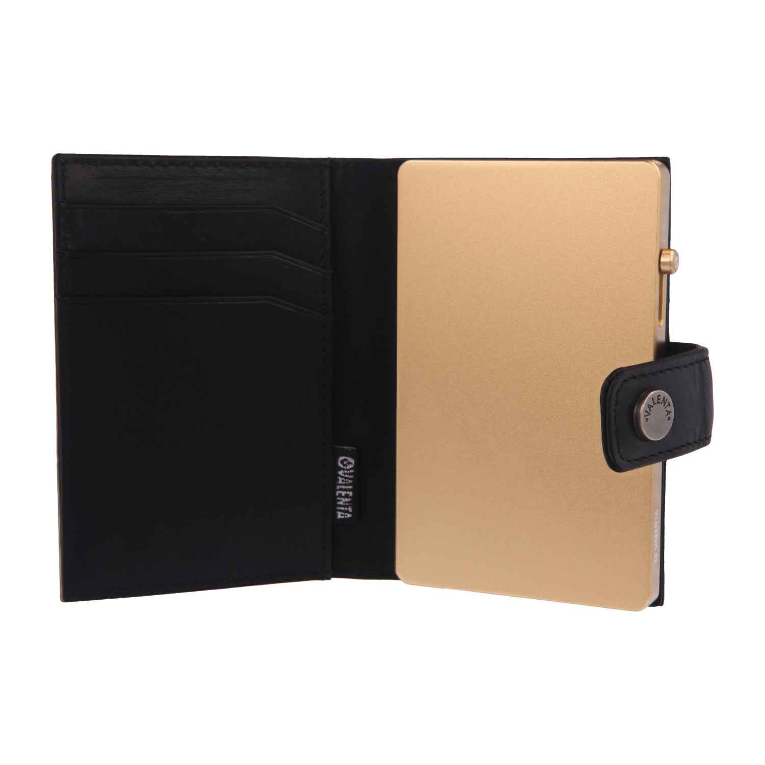 Valenta Mix & MagSafe 2 in 1 bundle with soft gold super thin aluminium card holder and black leather wallet , front view with opened wallet.