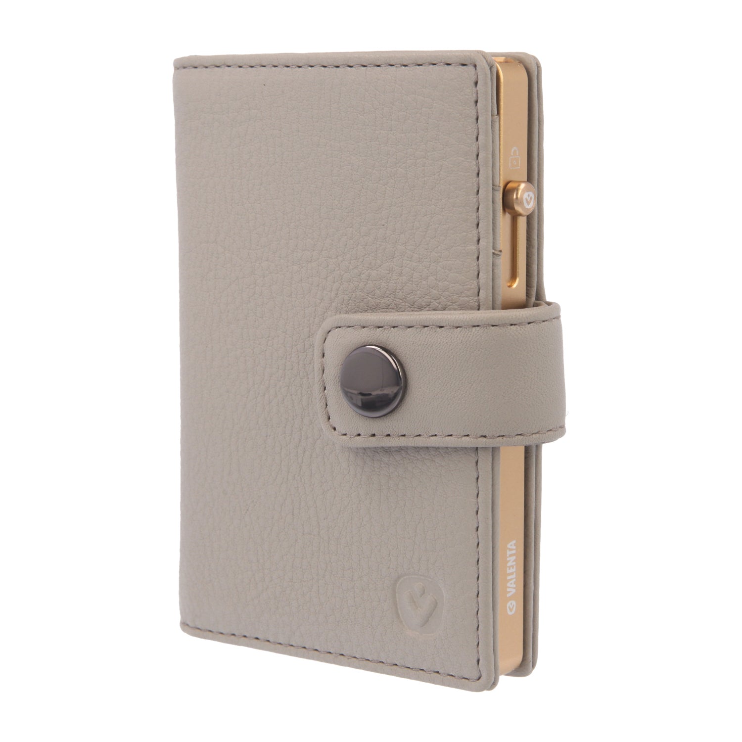 Valenta Mix & MagSafe 2 in 1 bundle with soft gold super thin aluminium card holder and off-white leather wallet , front angled view.