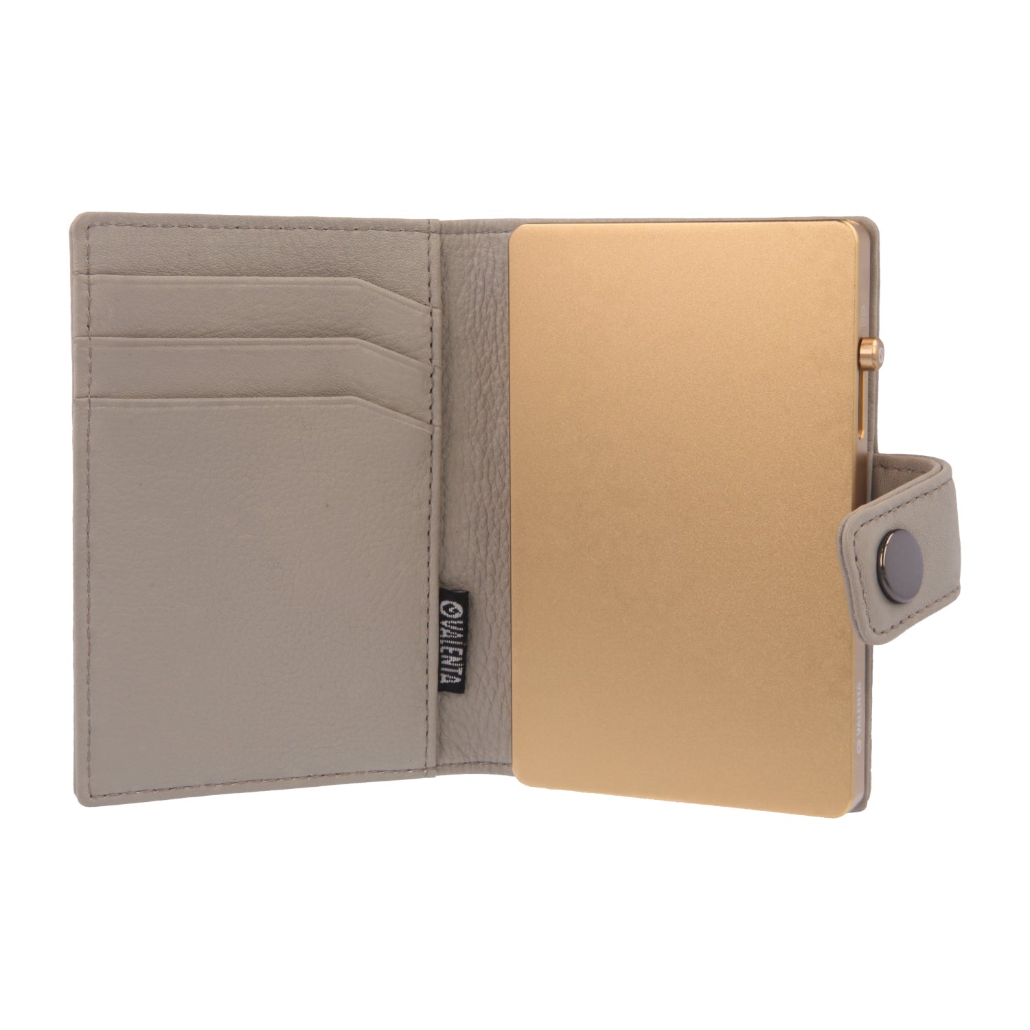 Valenta Mix & MagSafe 2 in 1 bundle with soft gold super thin aluminium card holder and off-white leather wallet , front view with opened wallet.