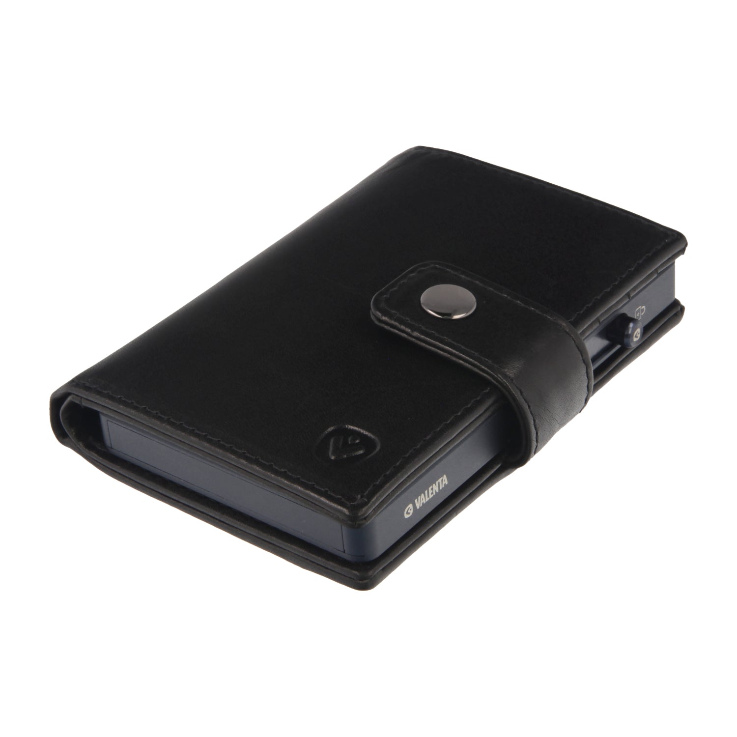 Valenta Mix & MagSafe 2 in 1 bundle with titanium blue aluminium card holder and black leather wallet luxe, angled top view.