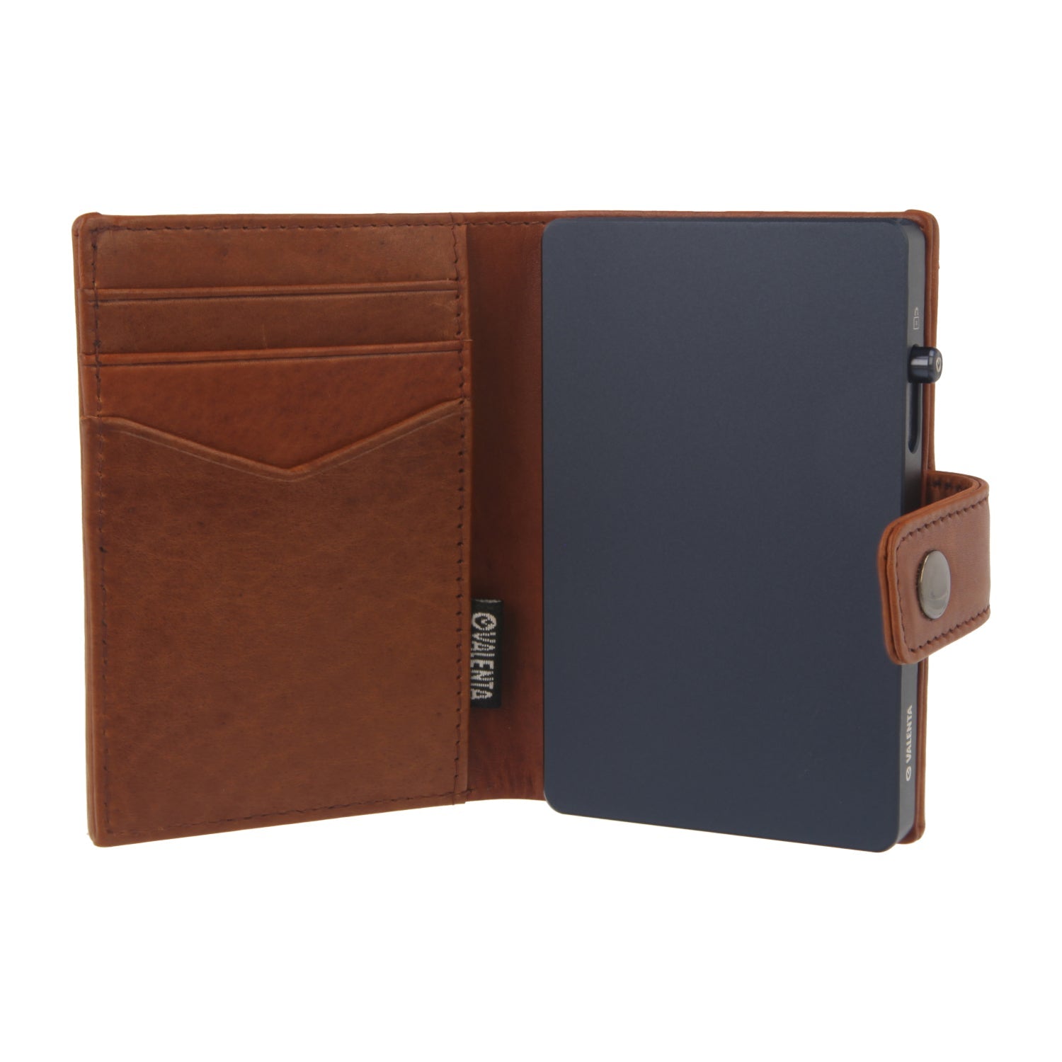 Valenta Mix & MagSafe 2 in 1 bundle with titanium blue aluminium card holder and cognac brown leather wallet luxe, front view with opened wallet.