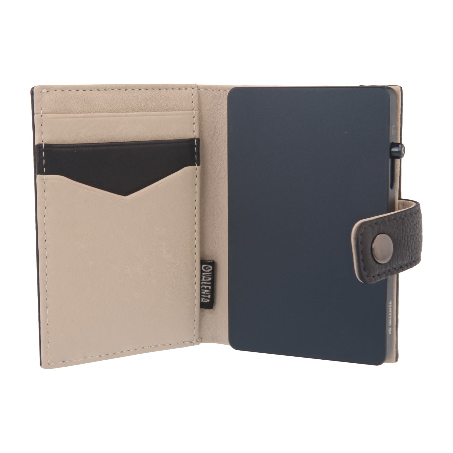 Valenta Mix & MagSafe 2 in 1 bundle with titanium blue aluminium card holder and navy blue leather wallet luxe, front view with opened wallet.