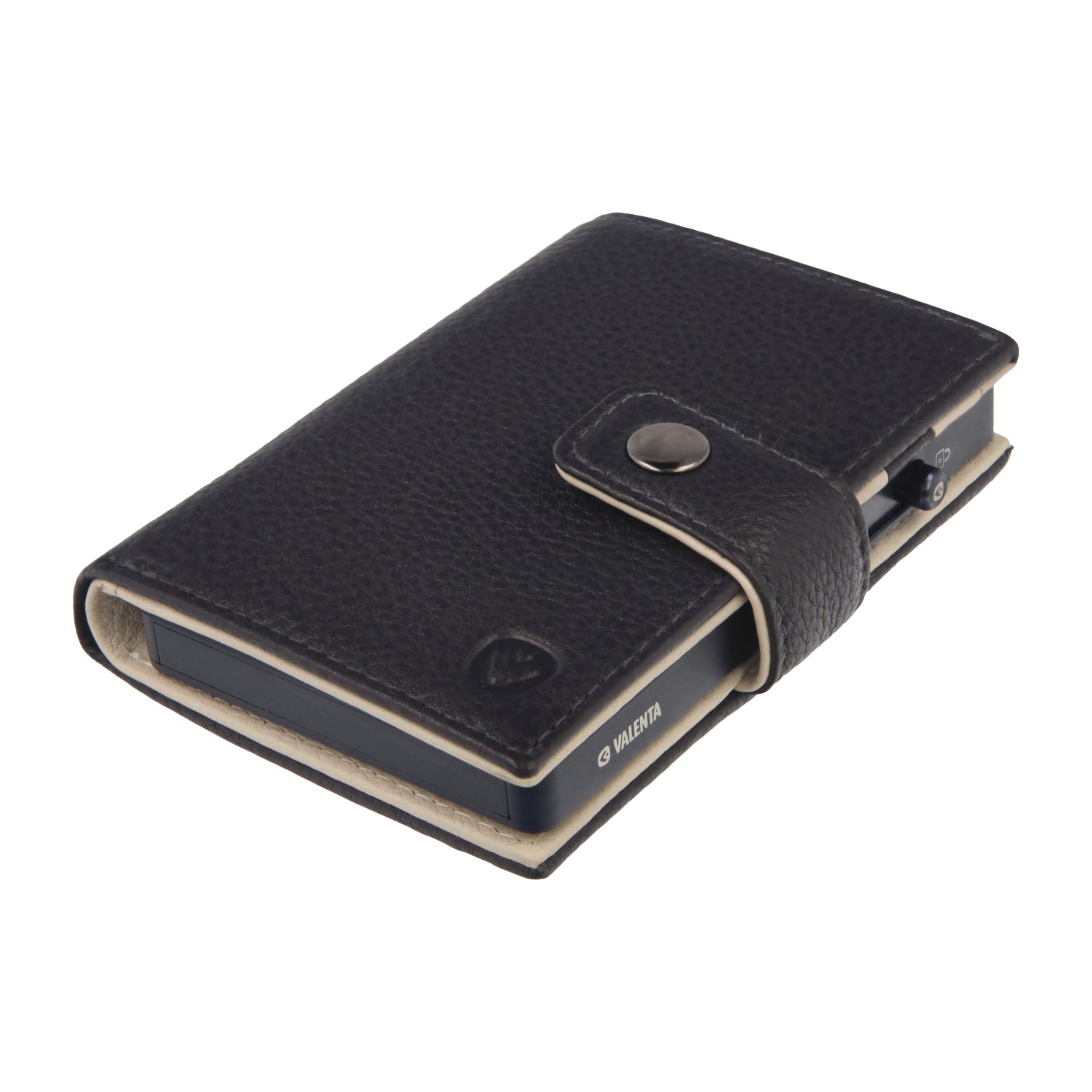 Valenta Mix & MagSafe 2 in 1 bundle with titanium blue aluminium card holder and navy blue leather wallet luxe, angled top view.
