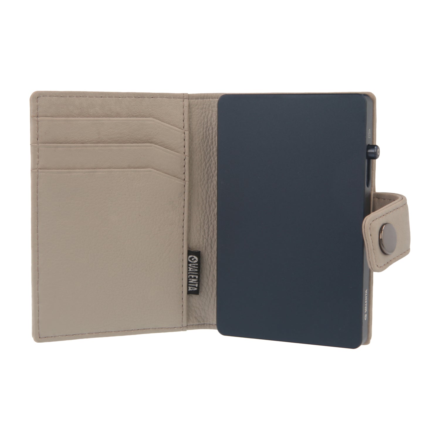 Valenta Mix & MagSafe 2 in 1 bundle with titanium blue aluminium card holder and off-white leather wallet , front view with opened wallet.