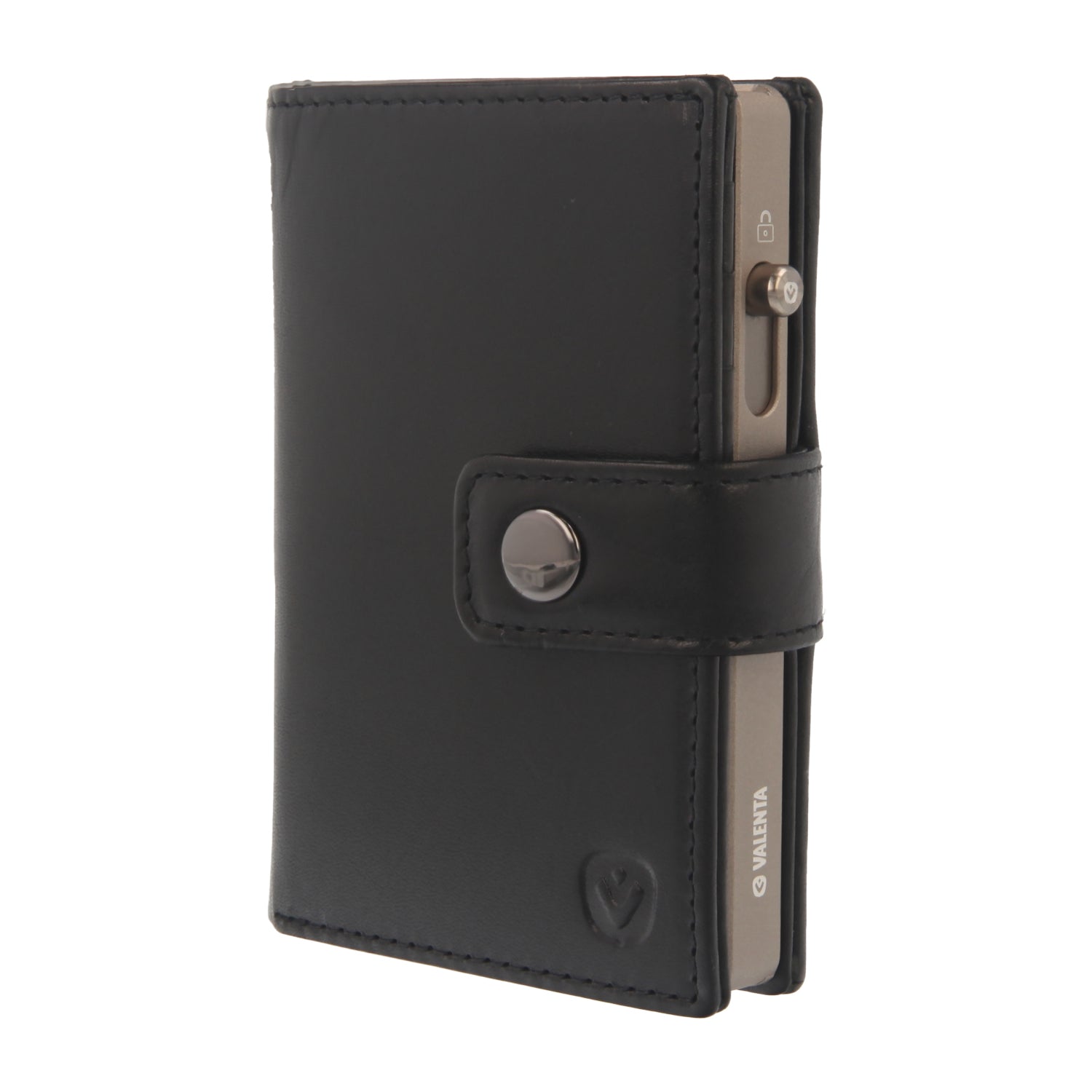 Valenta Mix & MagSafe 2 in 1 bundle with titanium natural aluminium card holder and black leather wallet luxe, front angled view.