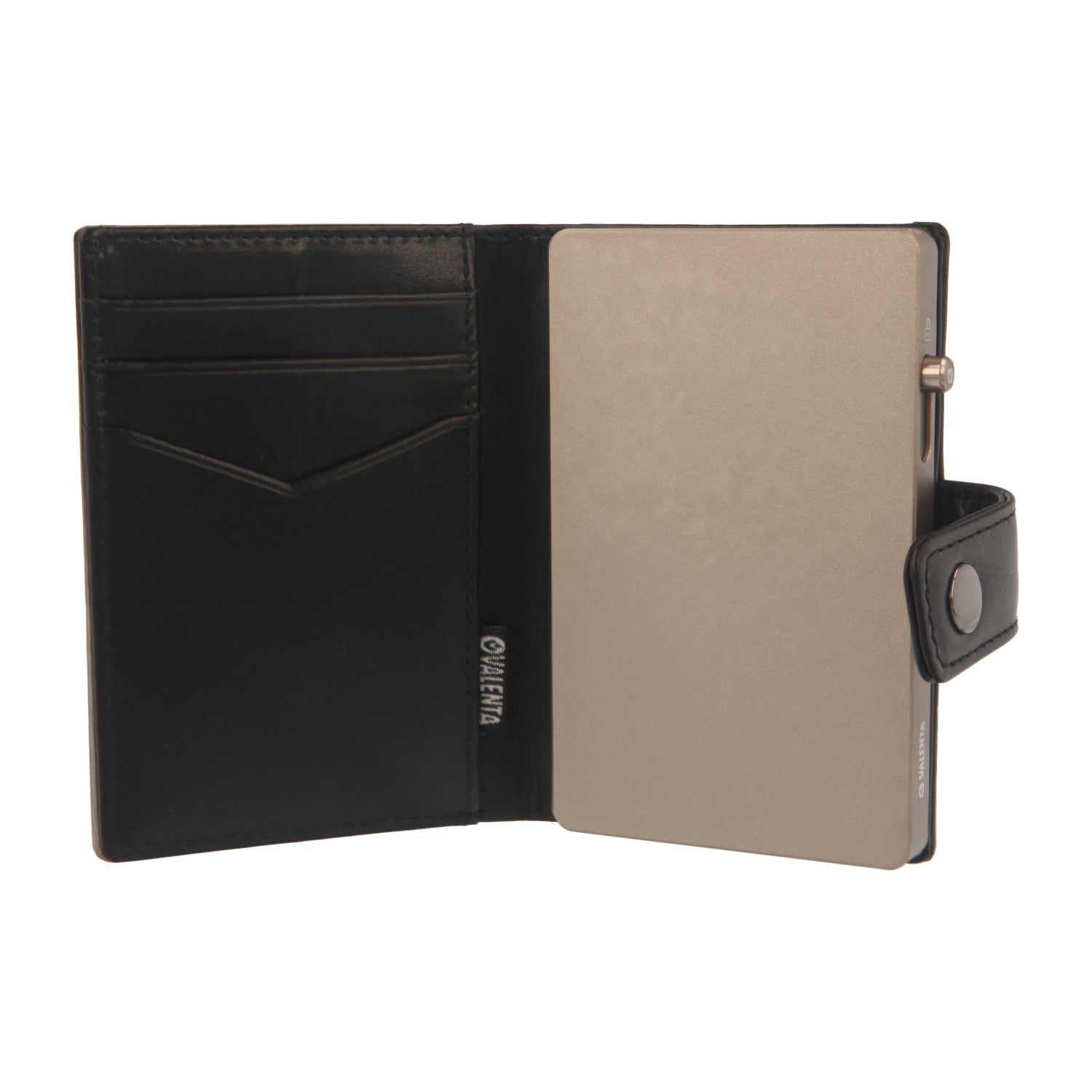 Valenta Mix & MagSafe 2 in 1 bundle with titanium natural aluminium card holder and black leather wallet luxe, front view with opened wallet.