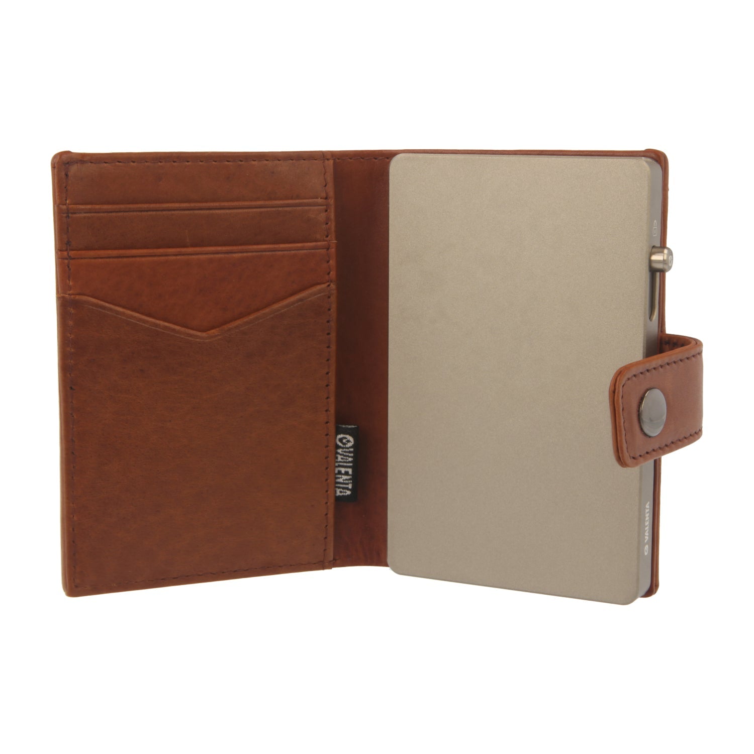 Valenta Mix & MagSafe 2 in 1 bundle with titanium natural aluminium card holder and cognac brown leather wallet luxe, front view with opened wallet.