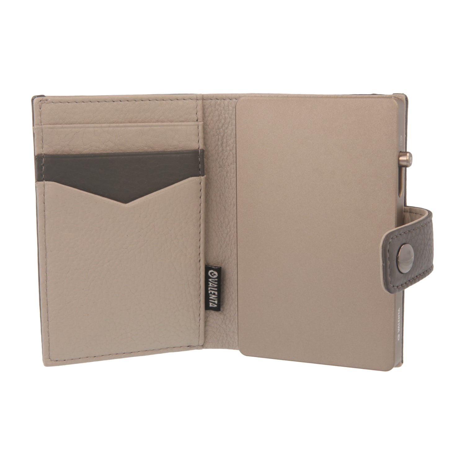 Valenta Mix & MagSafe 2 in 1 bundle with titanium natural aluminium card holder and grey leather wallet luxe, front view with opened wallet.