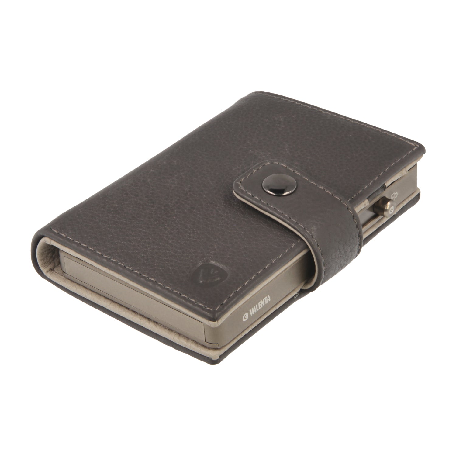 Valenta Mix & MagSafe 2 in 1 bundle with titanium natural aluminium card holder and grey leather wallet luxe, angled top view.