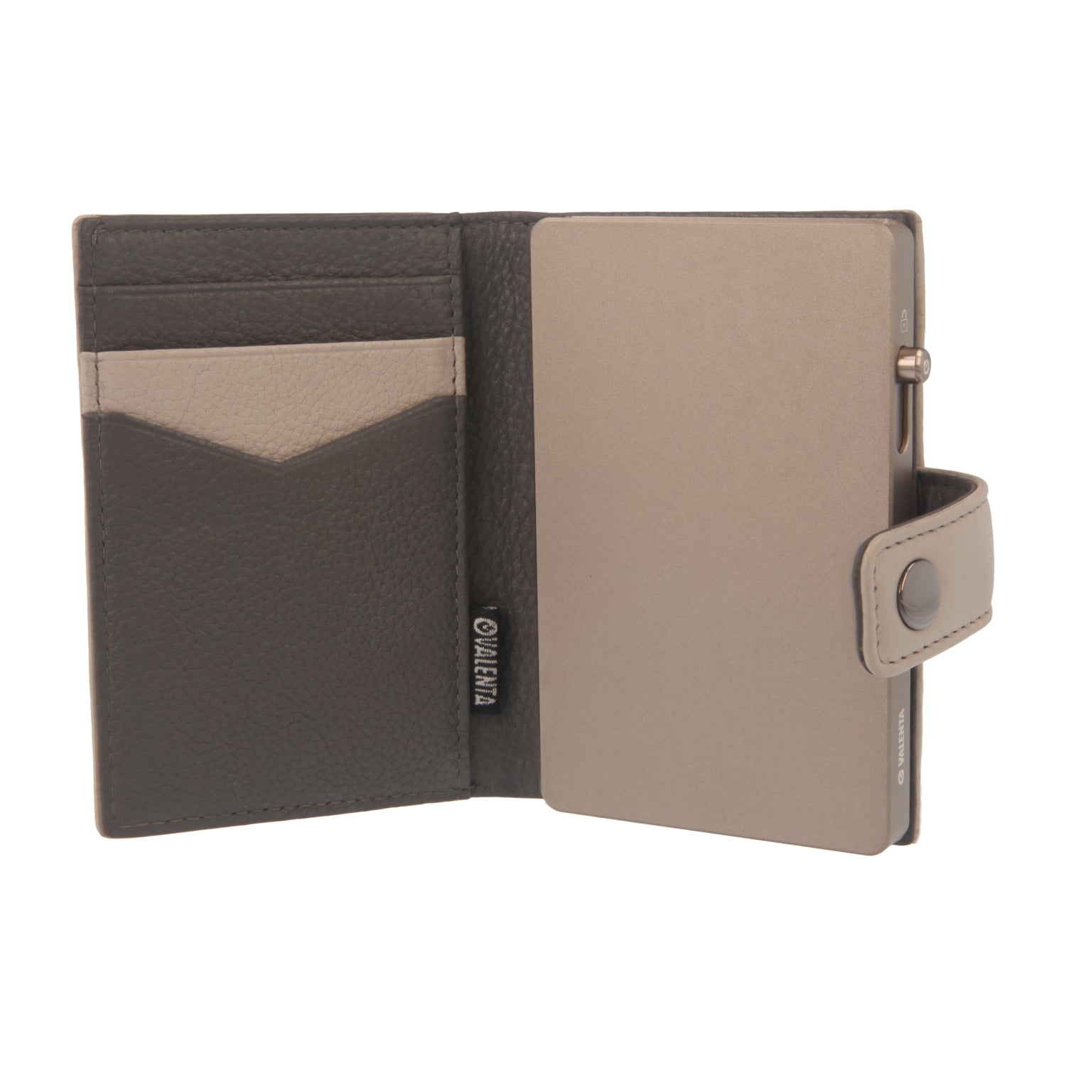 Valenta Mix & MagSafe 2 in 1 bundle with titanium natural aluminium card holder and off-white leather wallet luxe, front view with opened wallet.