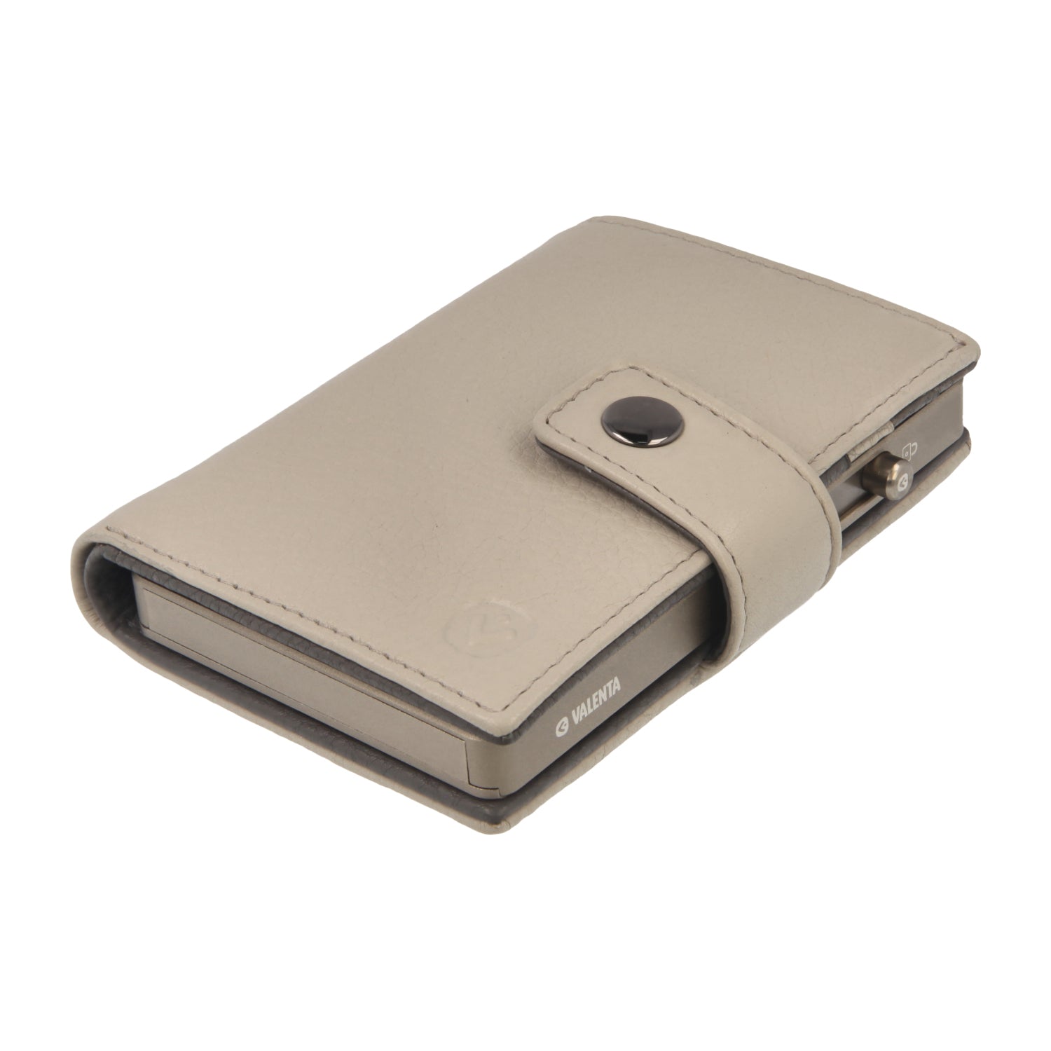 Valenta Mix & MagSafe 2 in 1 bundle with titanium natural aluminium card holder and off-white leather wallet luxe, angled top view.