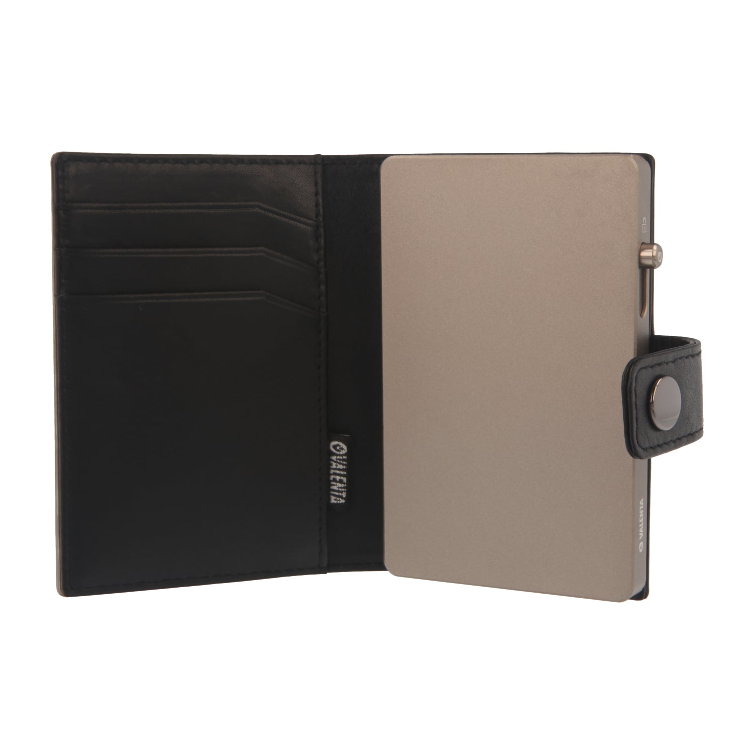 Valenta Mix & MagSafe 2 in 1 bundle with titanium natural aluminium card holder and black leather wallet , front view with opened wallet.