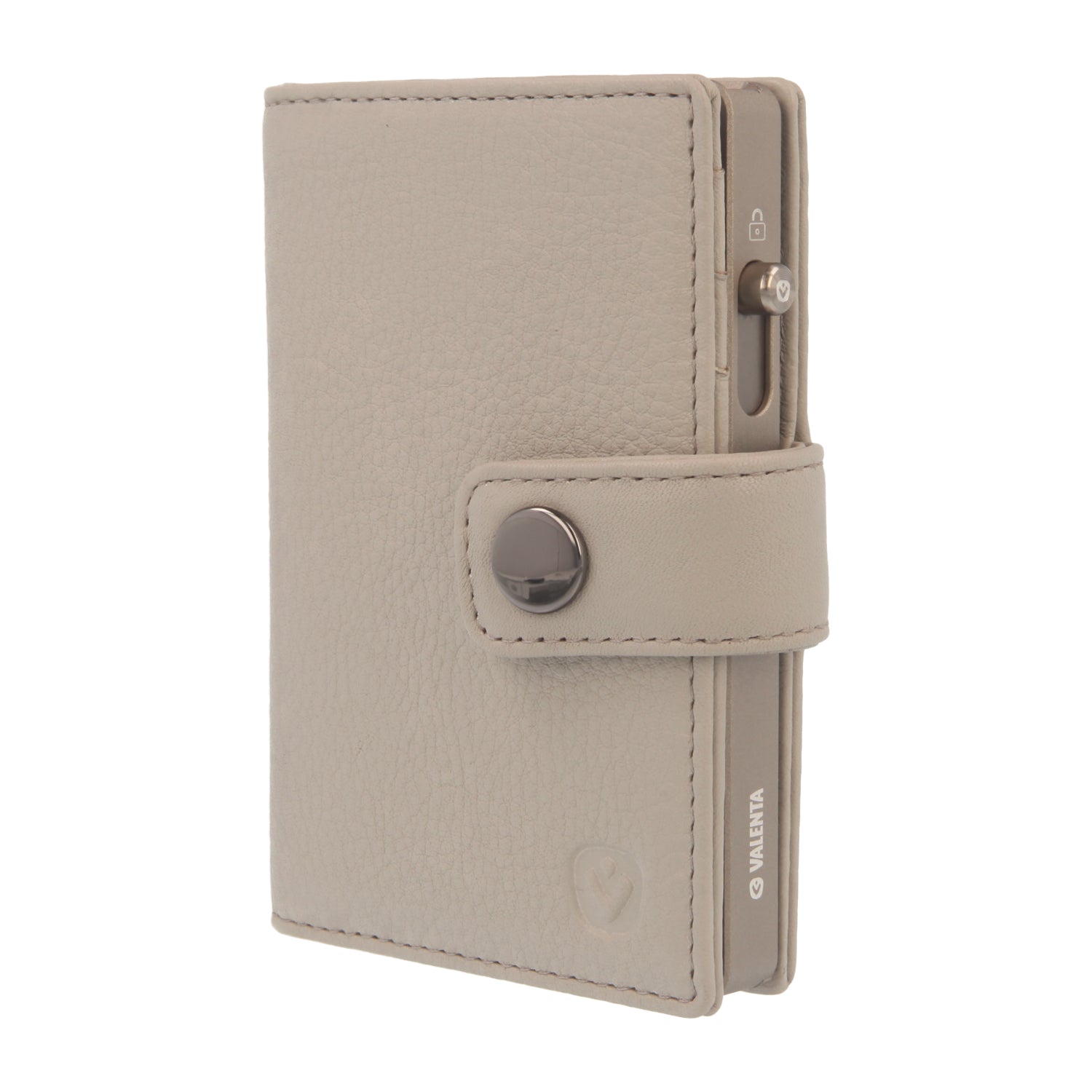 Valenta Mix & MagSafe 2 in 1 bundle with titanium natural aluminium card holder and off-white leather wallet , front angled view.