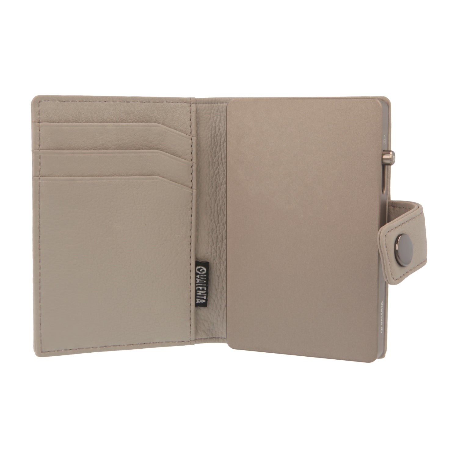 Valenta Mix & MagSafe 2 in 1 bundle with titanium natural aluminium card holder and off-white leather wallet , front view with opened wallet.