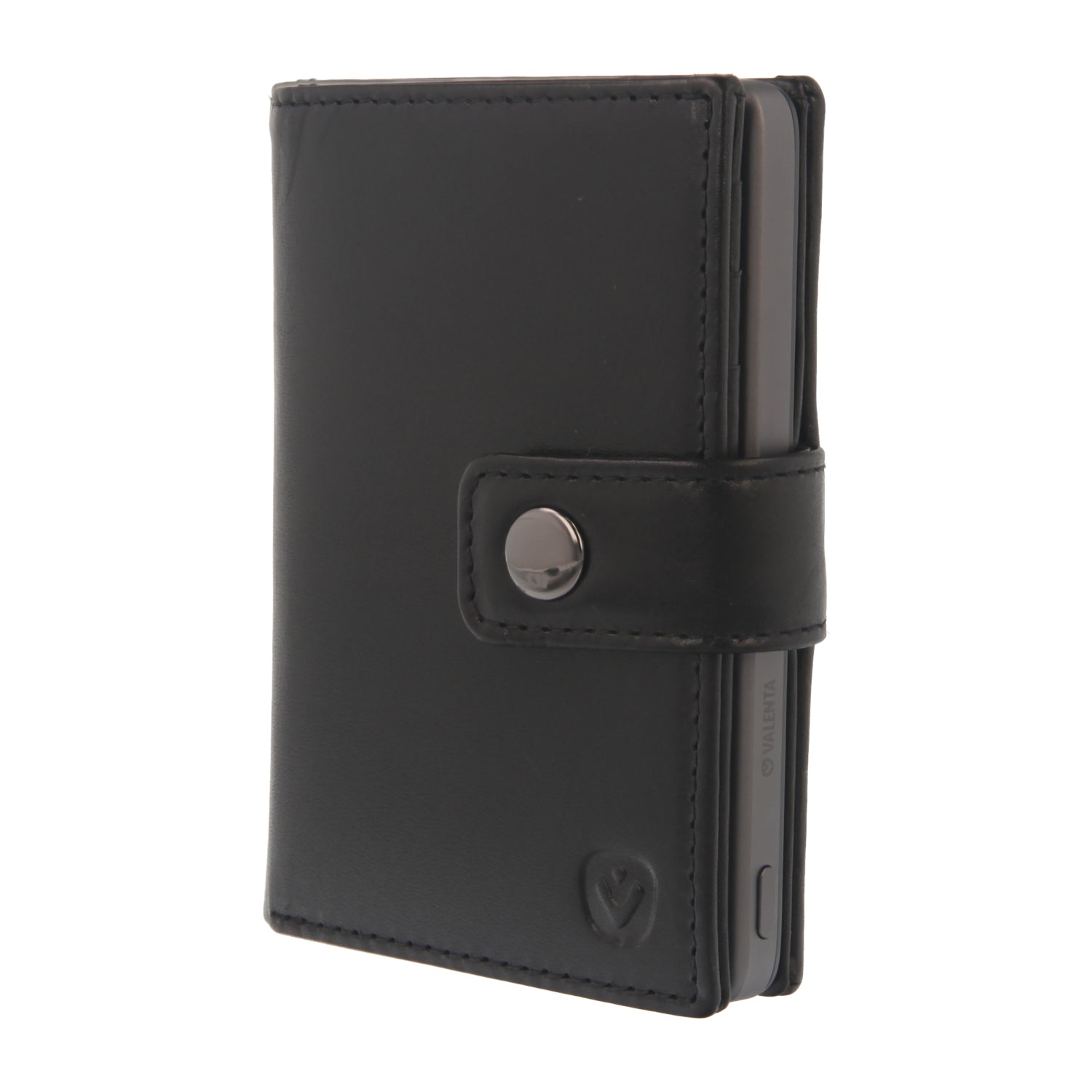 Valenta Mix & MagSafe 2 in 1 bundle with grey super thin power bank and black leather wallet luxe, front angled view.