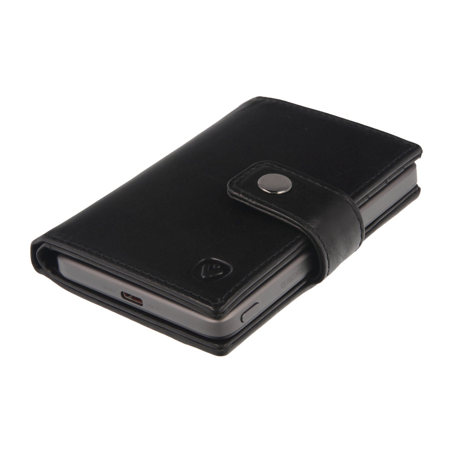 Valenta Mix & MagSafe 2 in 1 bundle with grey super thin power bank and black leather wallet luxe, angled top view.