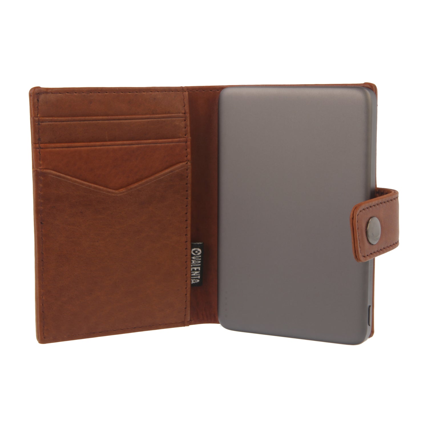 Valenta Mix & MagSafe 2 in 1 bundle with grey super thin power bank and cognac brown leather wallet luxe, front view with opened wallet.