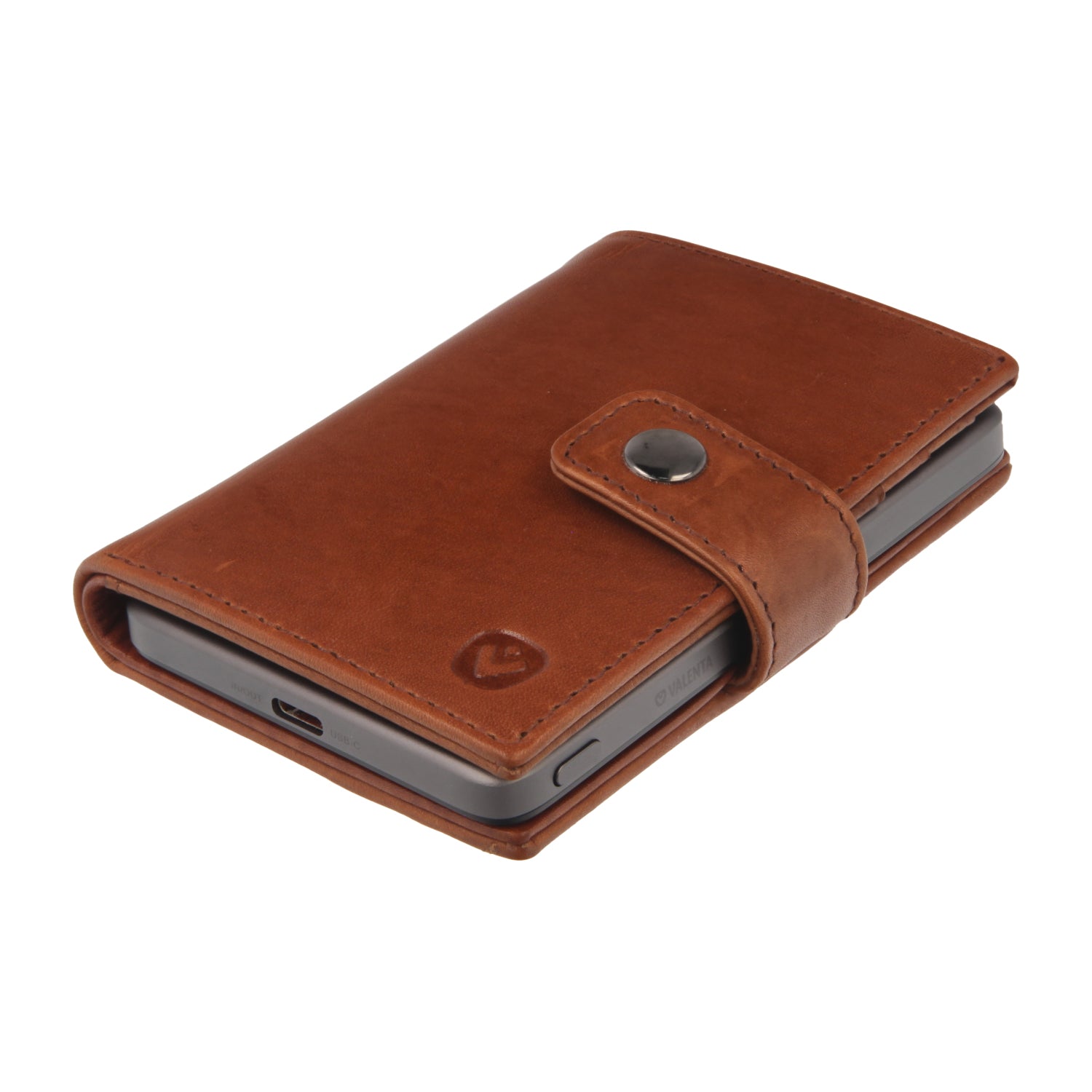 Valenta Mix & MagSafe 2 in 1 bundle with grey super thin power bank and cognac brown leather wallet luxe, angled top view.