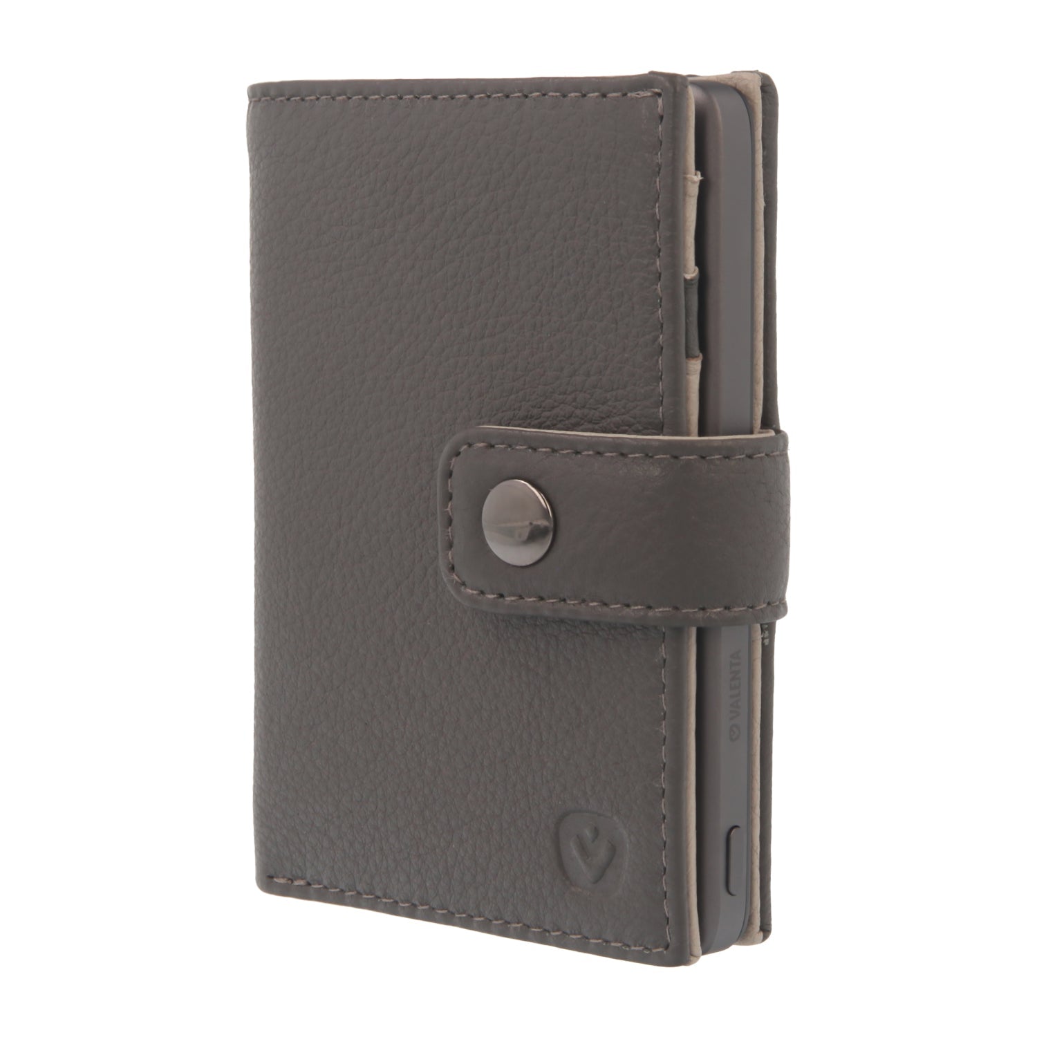 Valenta Mix & MagSafe 2 in 1 bundle with grey super thin power bank and grey leather wallet luxe, front angled view.