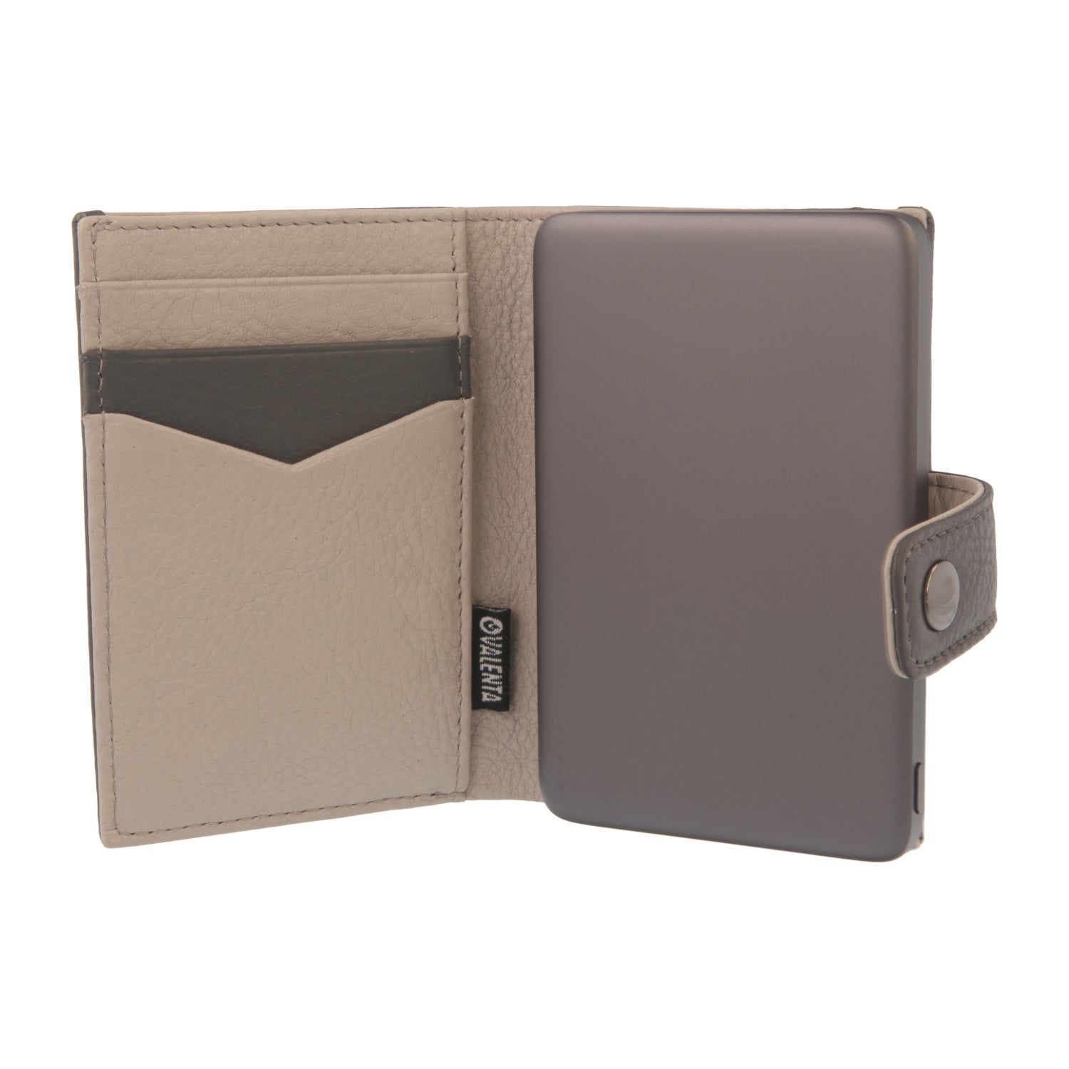Valenta Mix & MagSafe 2 in 1 bundle with grey super thin power bank and grey leather wallet luxe, front view with opened wallet.