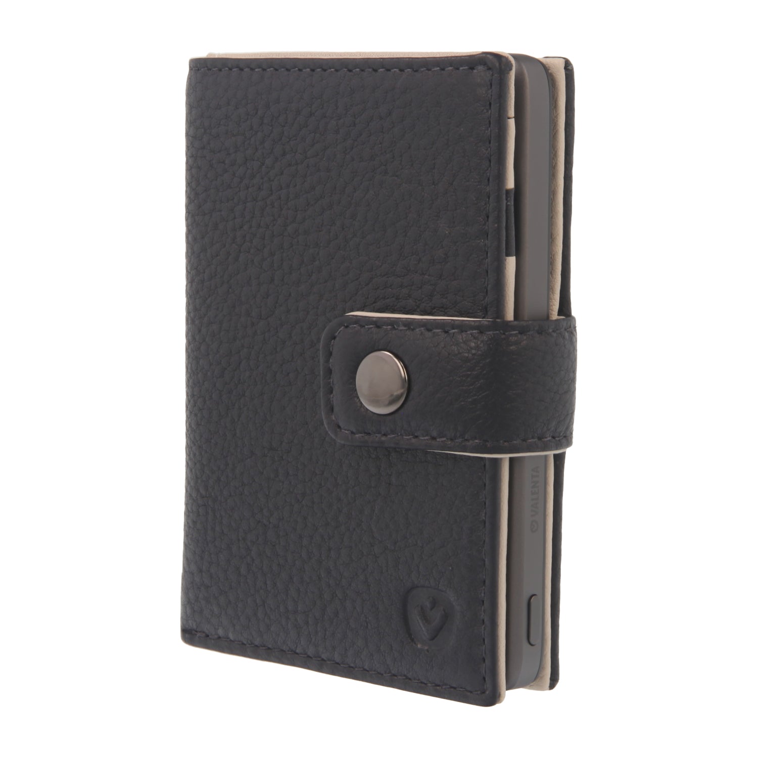 Valenta Mix & MagSafe 2 in 1 bundle with grey super thin power bank and navy blue leather wallet luxe, front angled view.