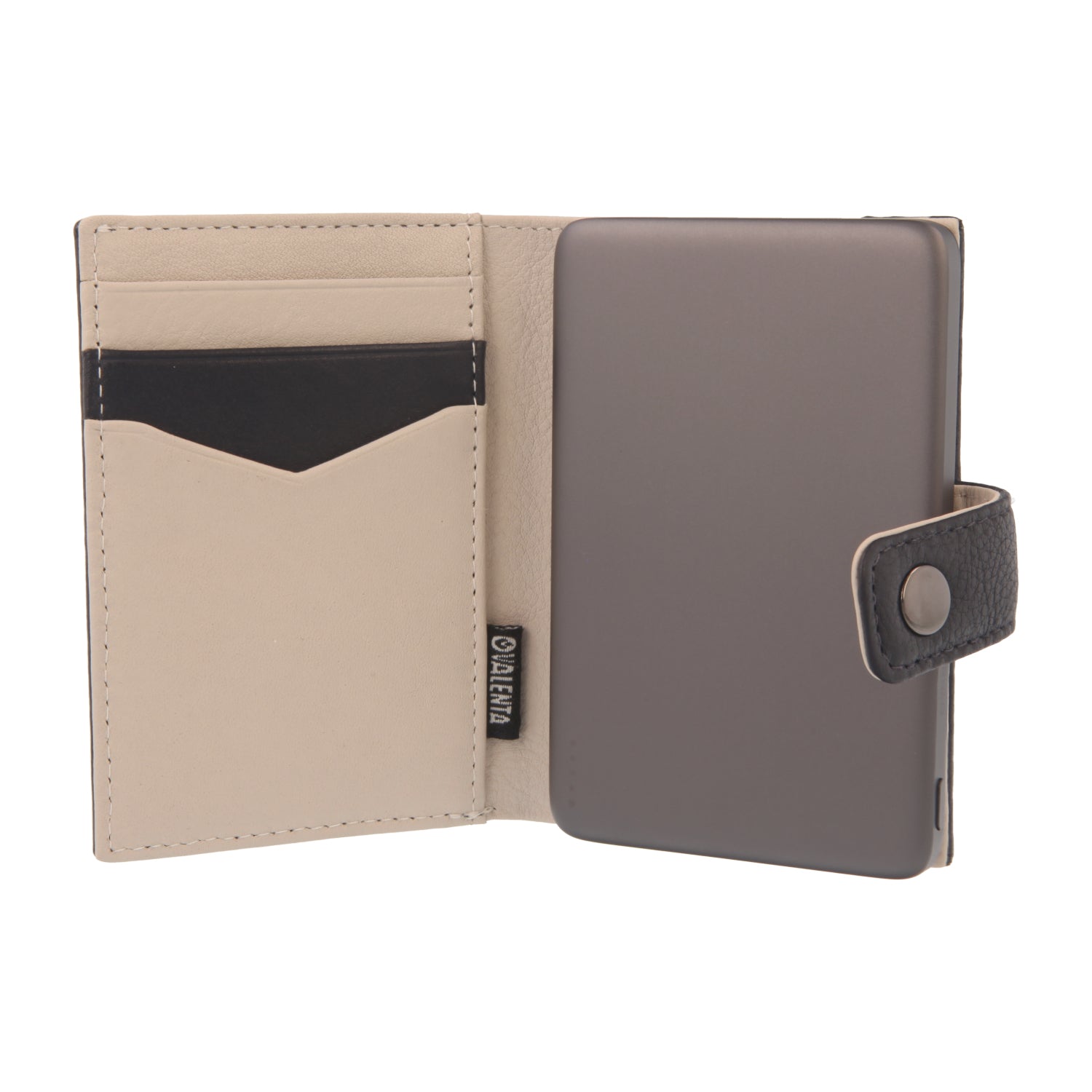 Valenta Mix & MagSafe 2 in 1 bundle with grey super thin power bank and navy blue leather wallet luxe, front view with opened wallet.