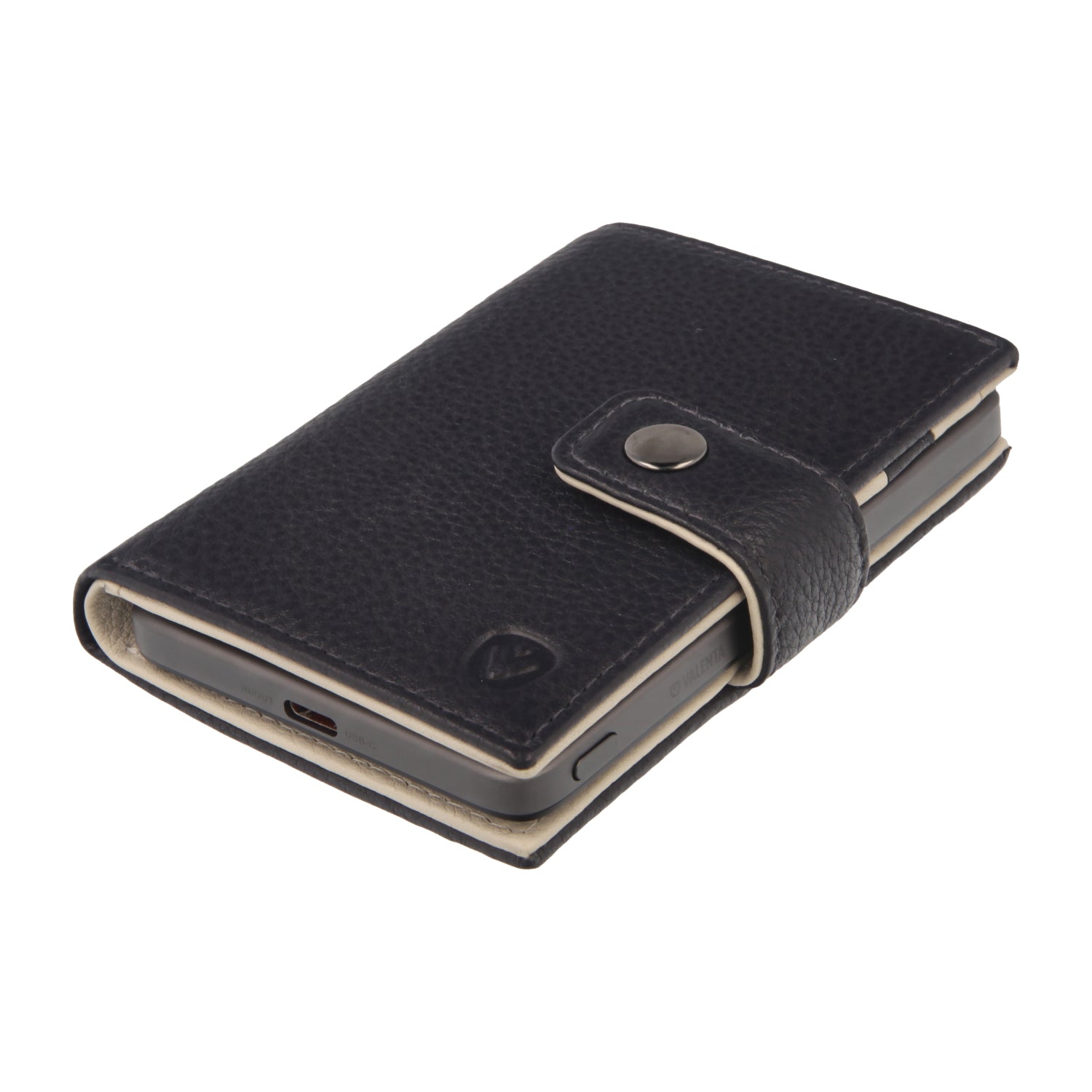 Valenta Mix & MagSafe 2 in 1 bundle with grey super thin power bank and navy blue leather wallet luxe, angled top view.