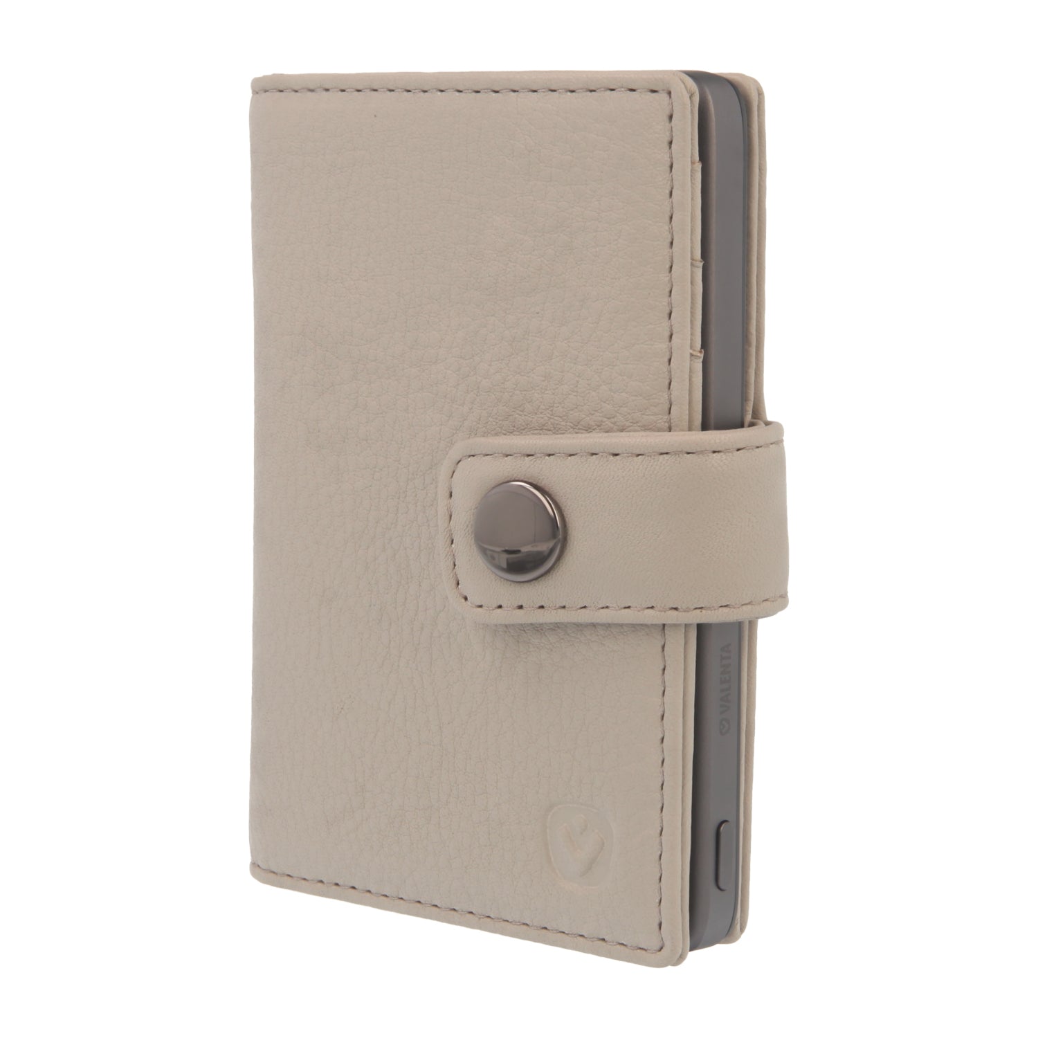 Valenta Mix & MagSafe 2 in 1 bundle with grey super thin power bank and off-white leather wallet , front angled view.