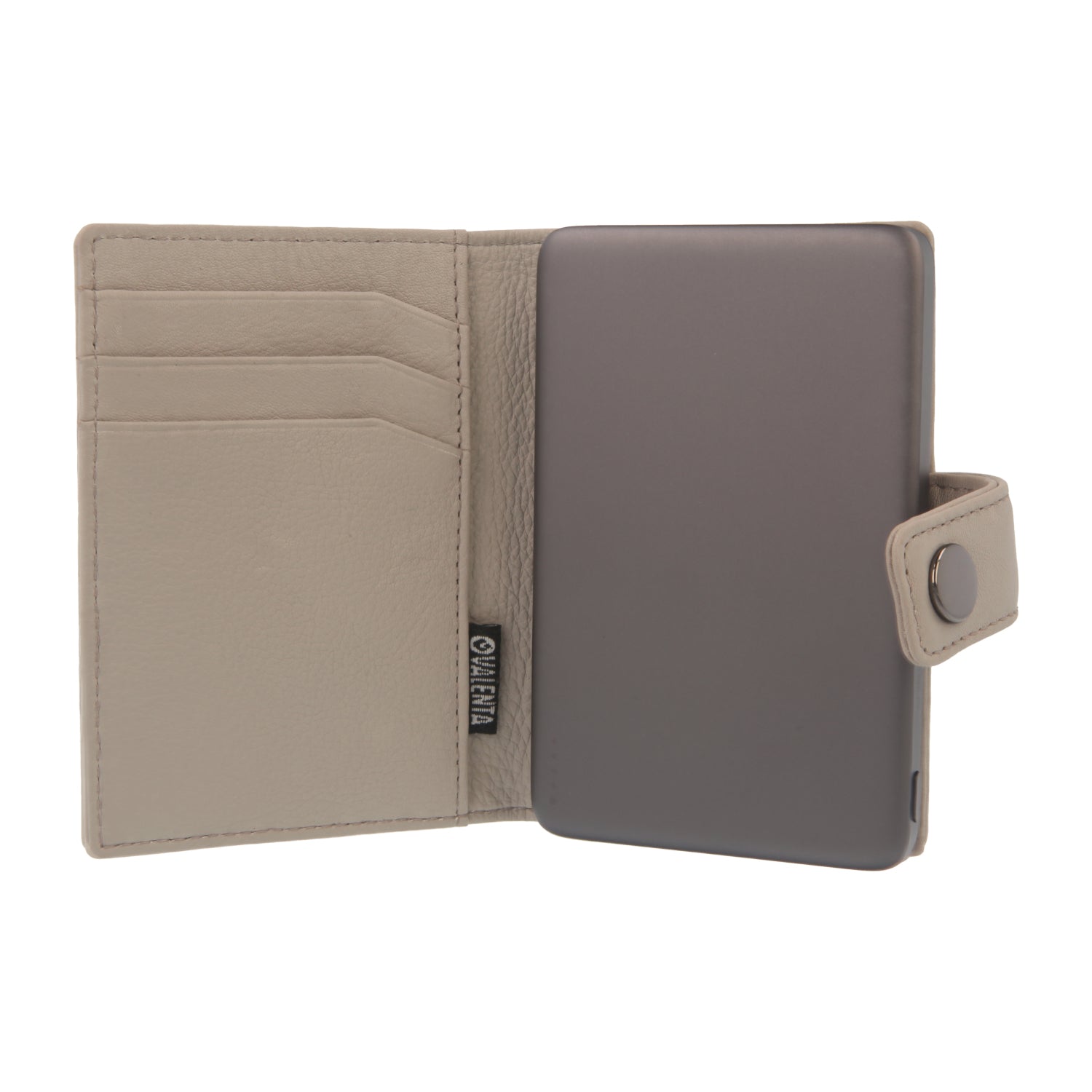 Valenta Mix & MagSafe 2 in 1 bundle with grey super thin power bank and off-white leather wallet , front view with opened wallet.