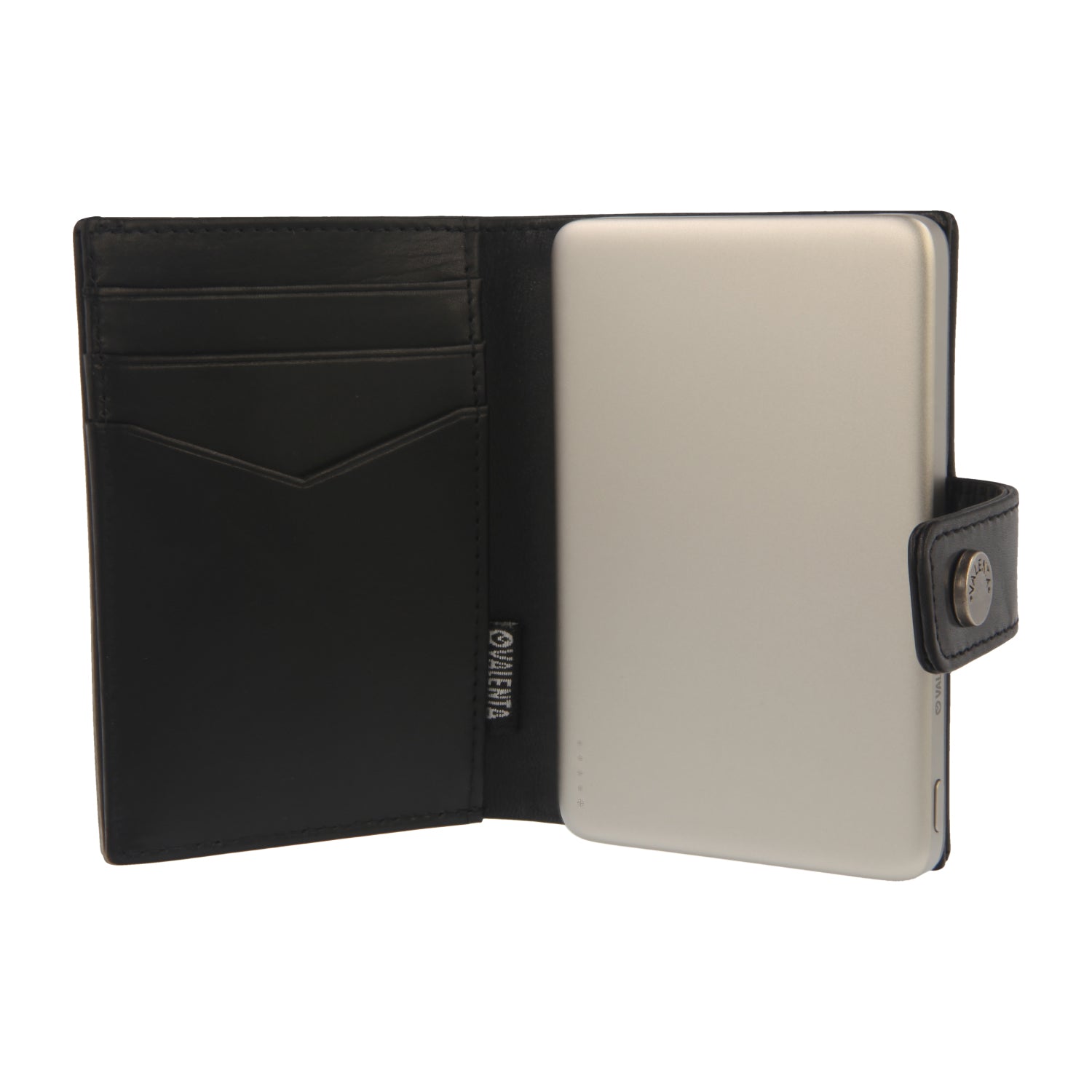 Valenta Mix & MagSafe 2 in 1 bundle with natural super thin power bank and black leather wallet luxe, front view with opened wallet.