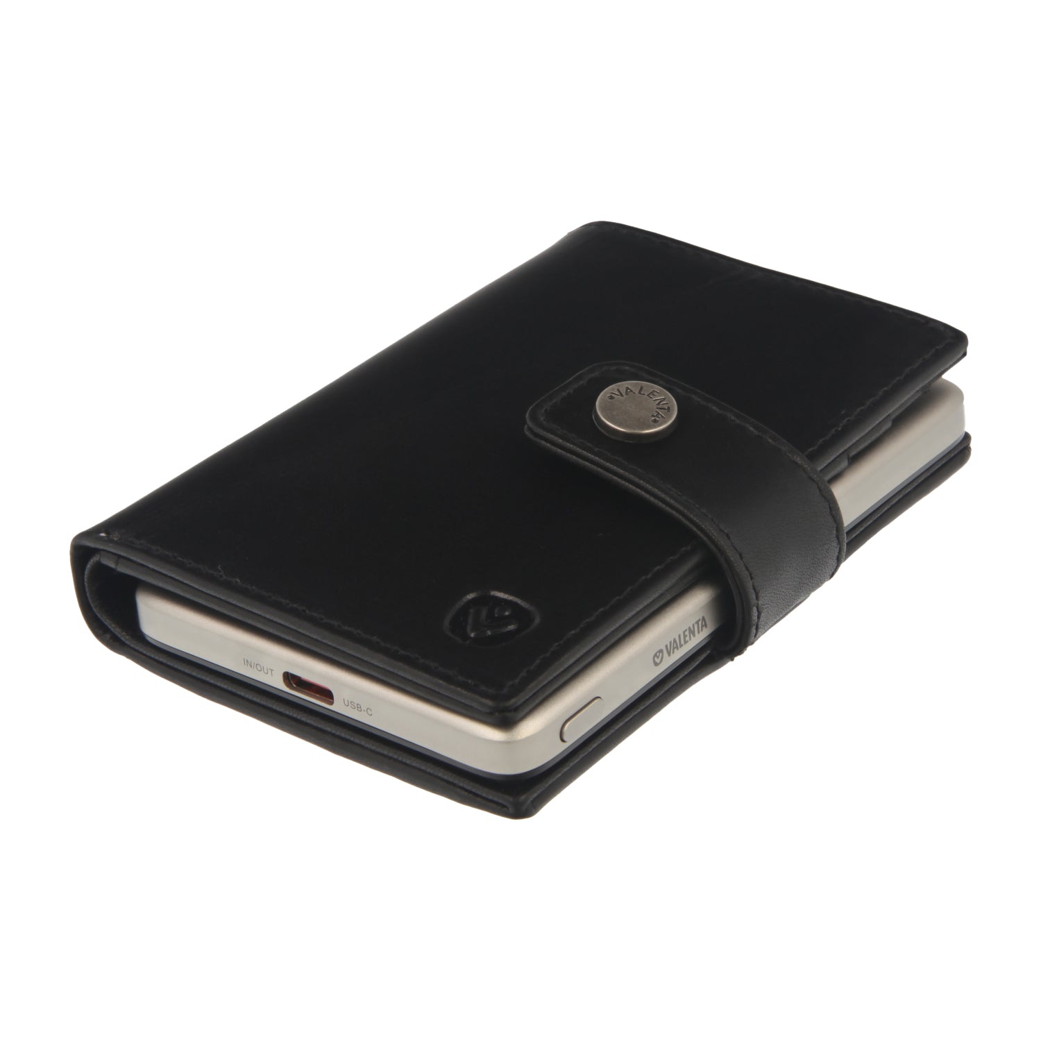 Valenta Mix & MagSafe 2 in 1 bundle with natural super thin power bank and black leather wallet luxe, angled top view.