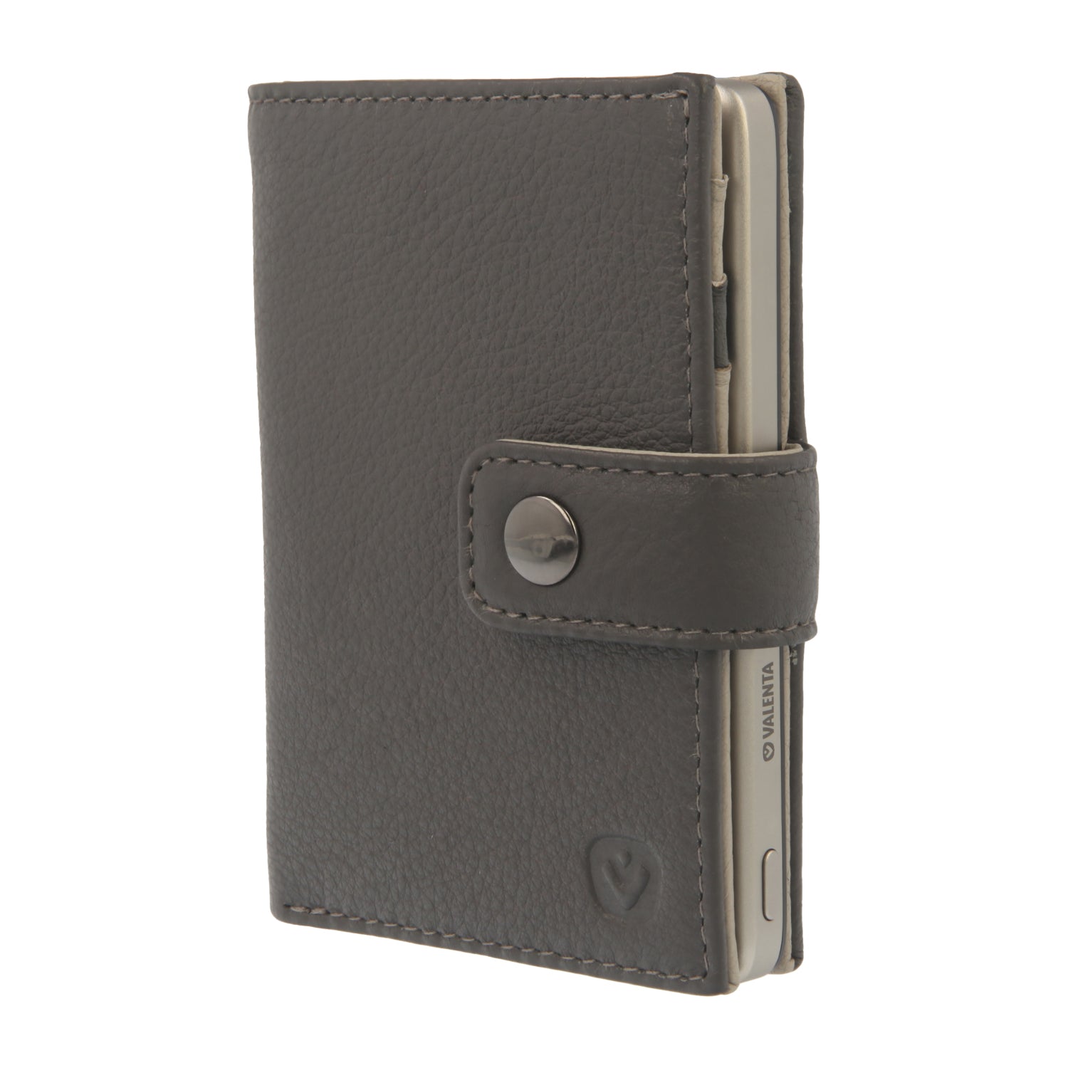 Valenta Mix & MagSafe 2 in 1 bundle with natural super thin power bank and grey leather wallet luxe, front angled view.