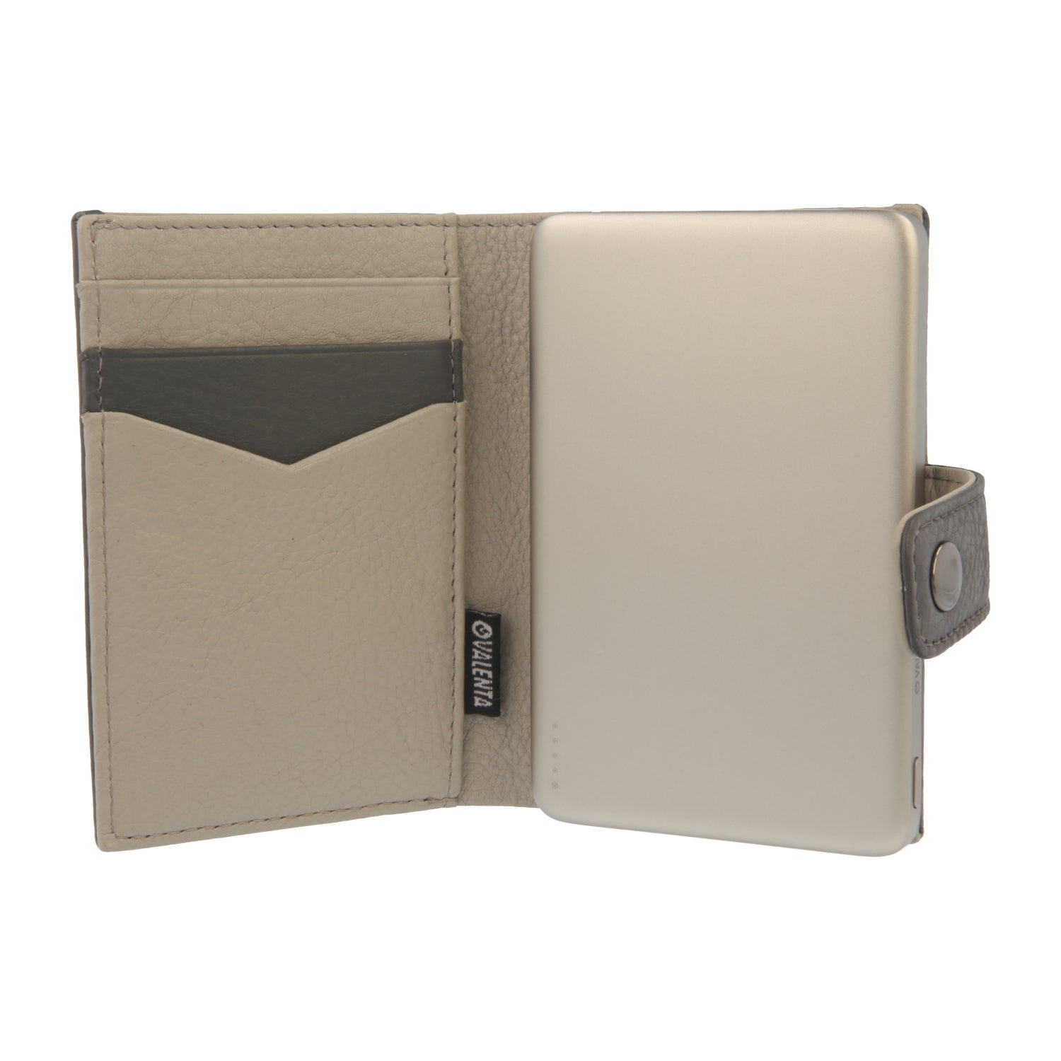 Valenta Mix & MagSafe 2 in 1 bundle with natural super thin power bank and grey leather wallet luxe, front view with opened wallet.