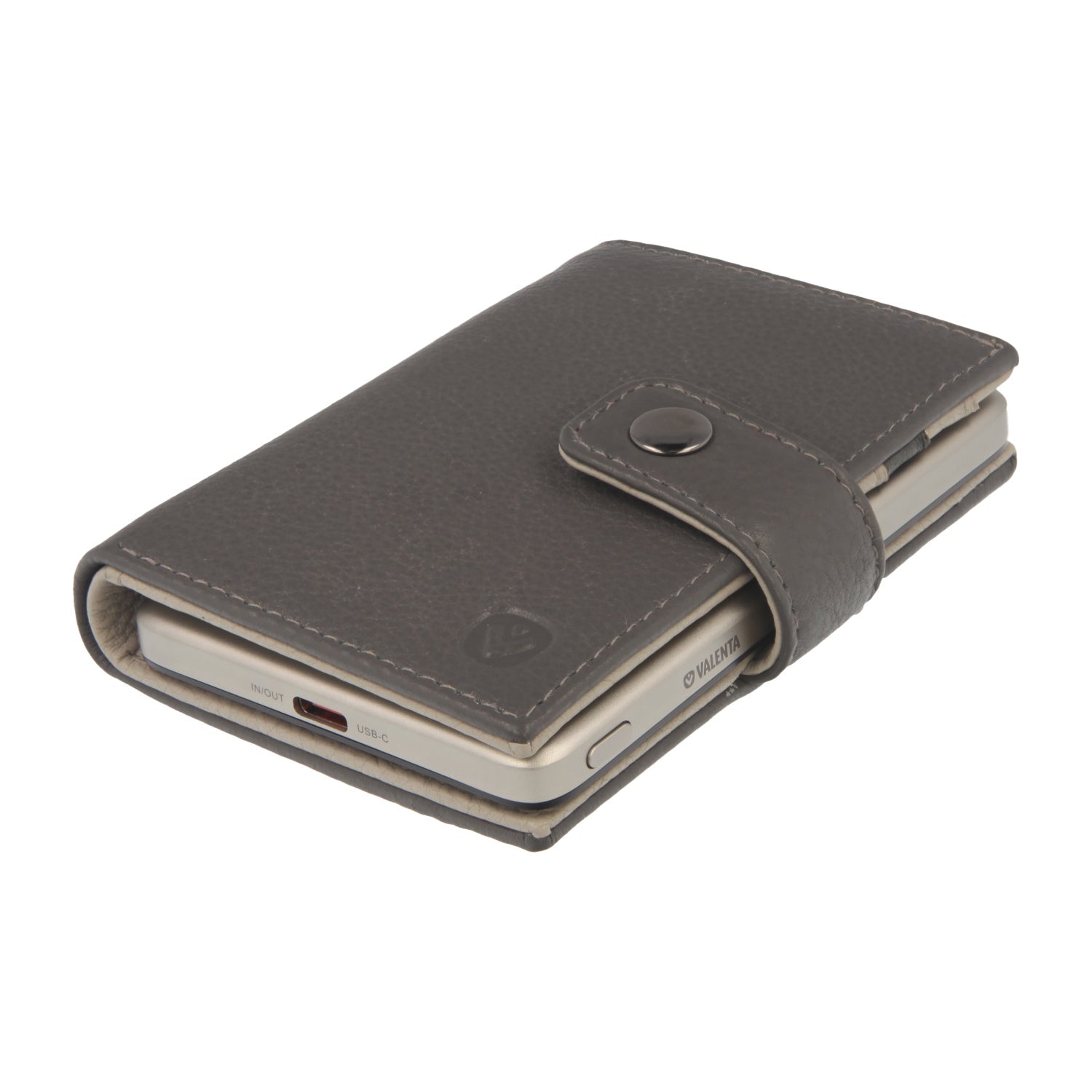 Valenta Mix & MagSafe 2 in 1 bundle with natural super thin power bank and grey leather wallet luxe, angled top view.