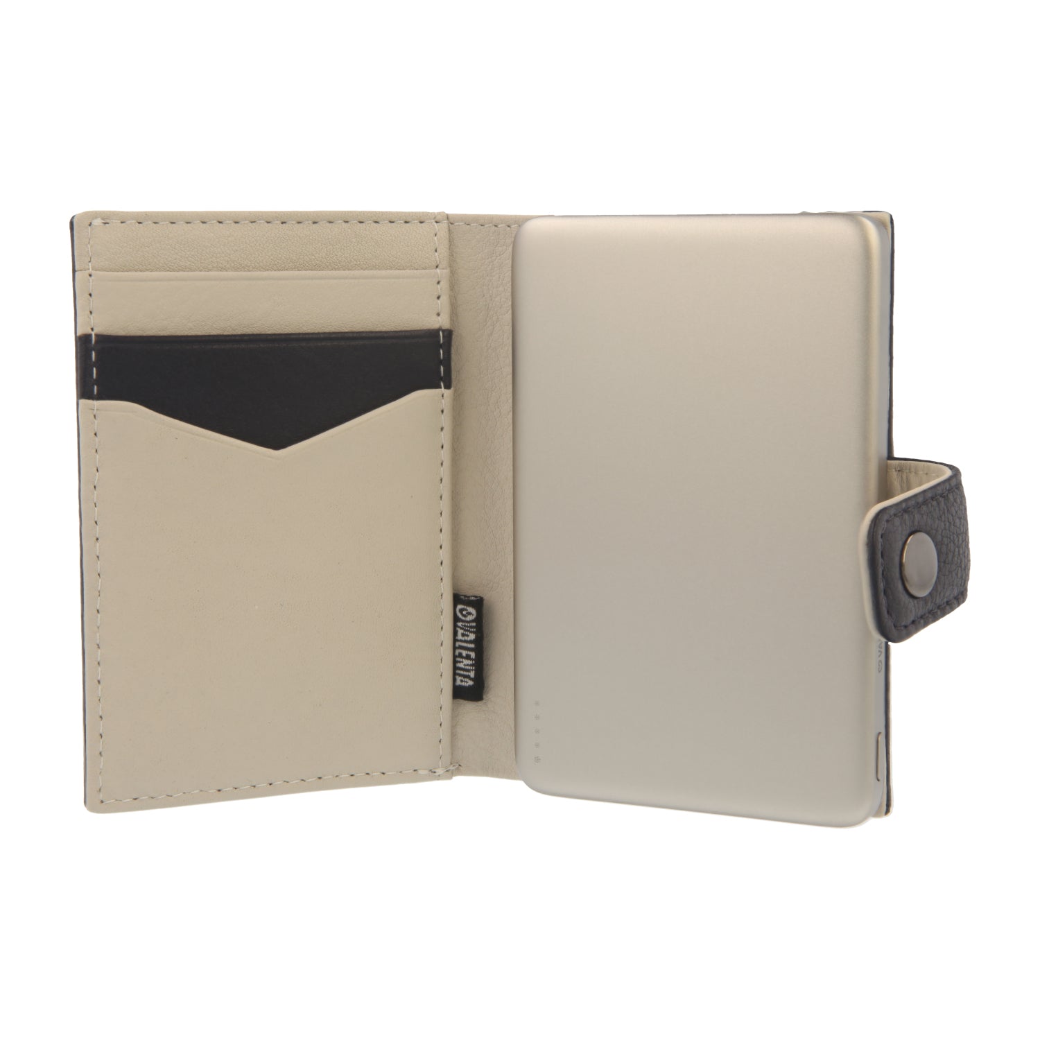 Valenta Mix & MagSafe 2 in 1 bundle with natural super thin power bank and navy blue leather wallet luxe, front view with opened wallet.