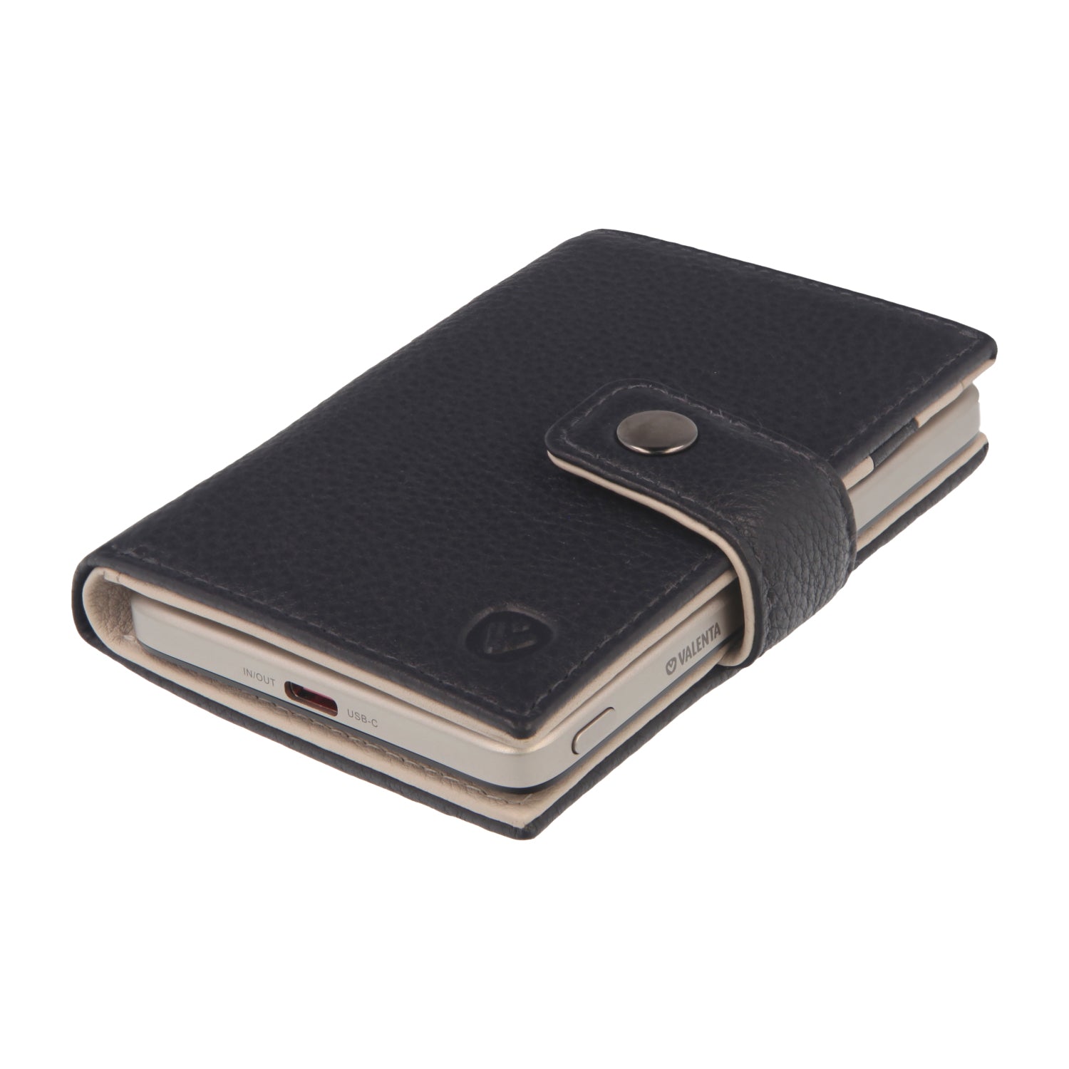 Valenta Mix & MagSafe 2 in 1 bundle with natural super thin power bank and navy blue leather wallet luxe, angled top view.