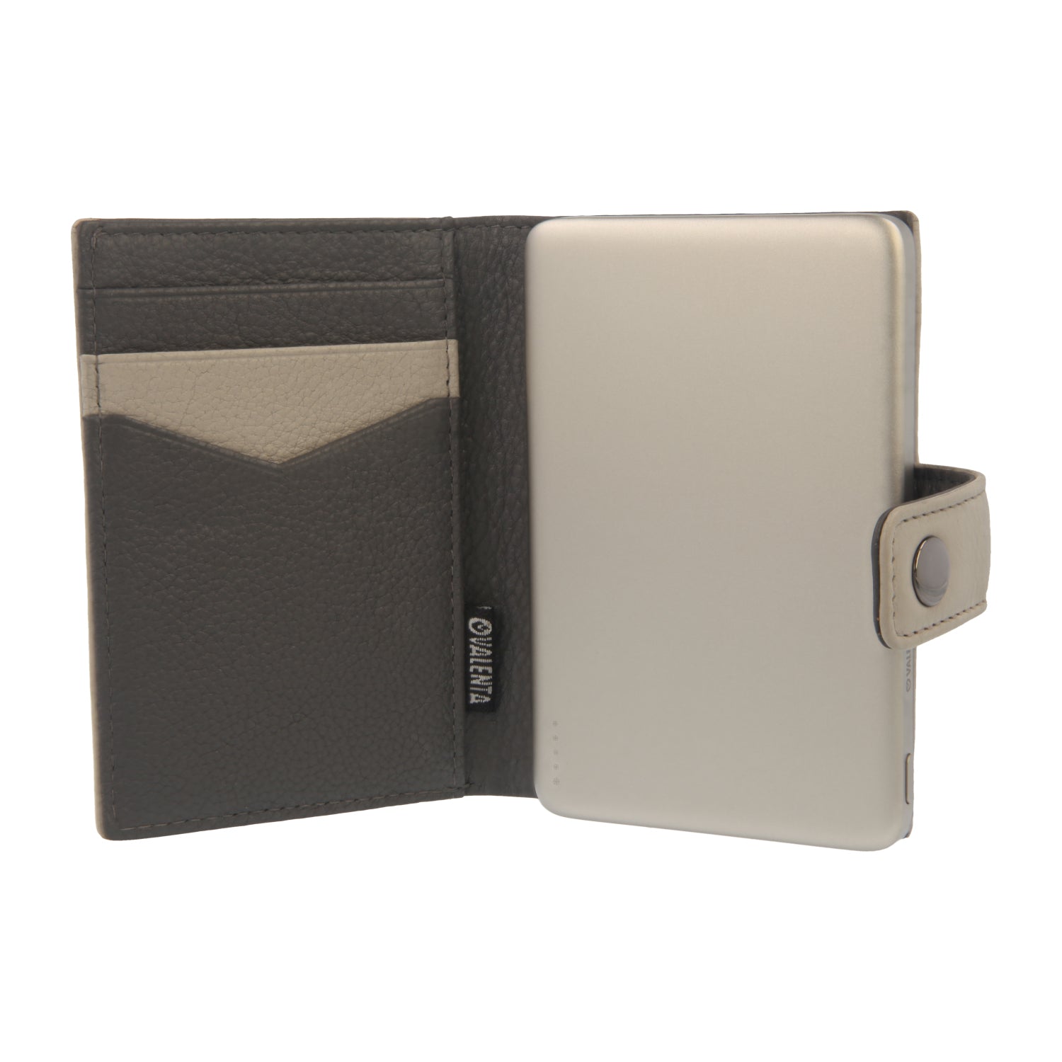 Valenta Mix & MagSafe 2 in 1 bundle with natural super thin power bank and off-white leather wallet luxe, front view with opened wallet.