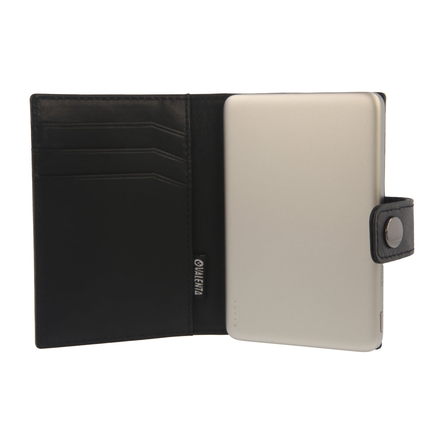Valenta Mix & MagSafe 2 in 1 bundle with natural super thin power bank and black leather wallet , front view with opened wallet.