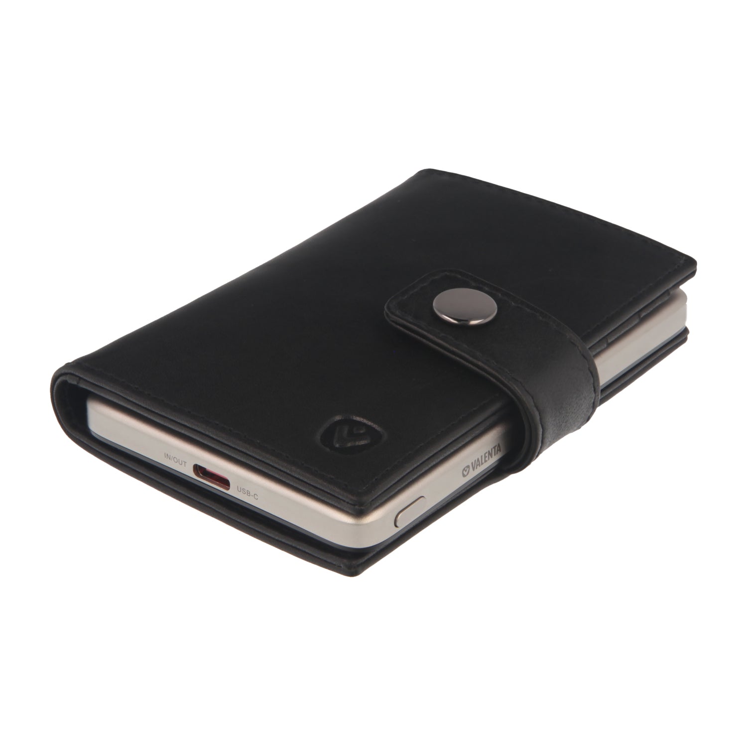 Valenta Mix & MagSafe 2 in 1 bundle with natural super thin power bank and black leather wallet , angled top view.