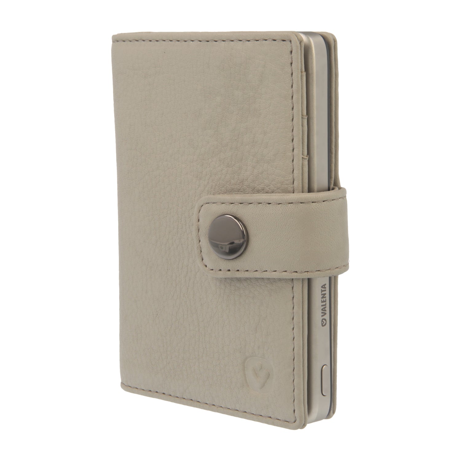 Valenta Mix & MagSafe 2 in 1 bundle with natural super thin power bank and off-white leather wallet , front angled view.